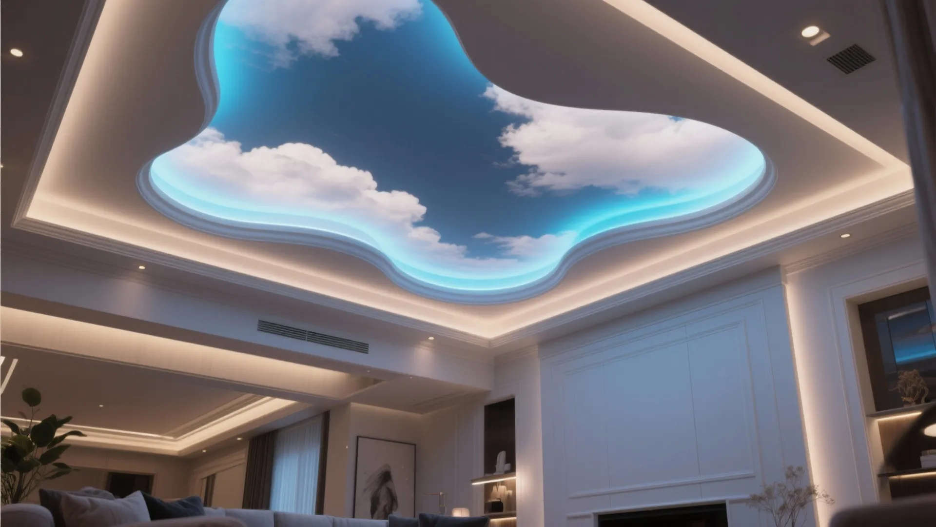 Modern living room with a unique ceiling design featuring a blue sky and white clouds