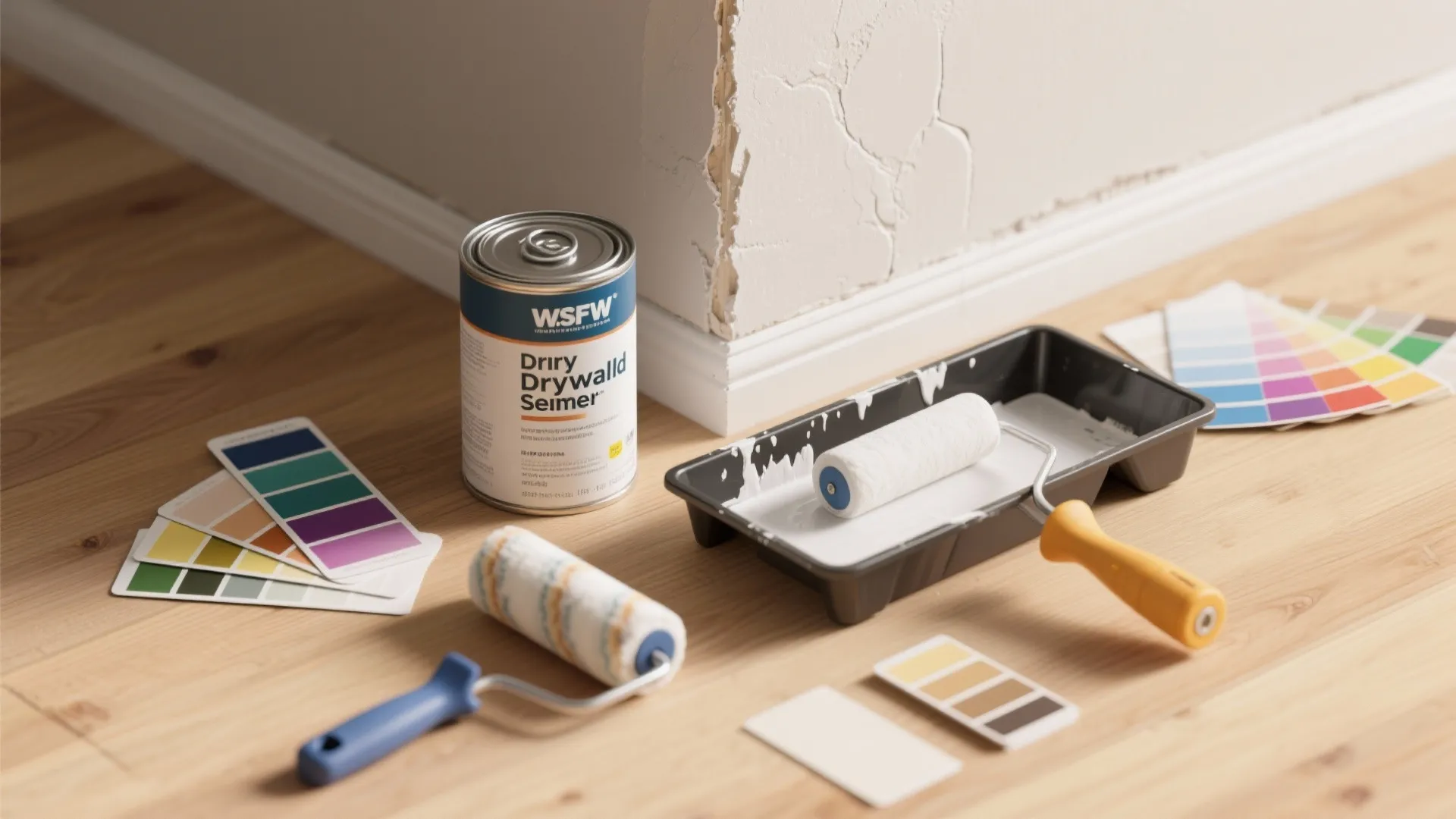Top-down flatlay of drywall primer-sealer can, roller, paint tray and color swatches.