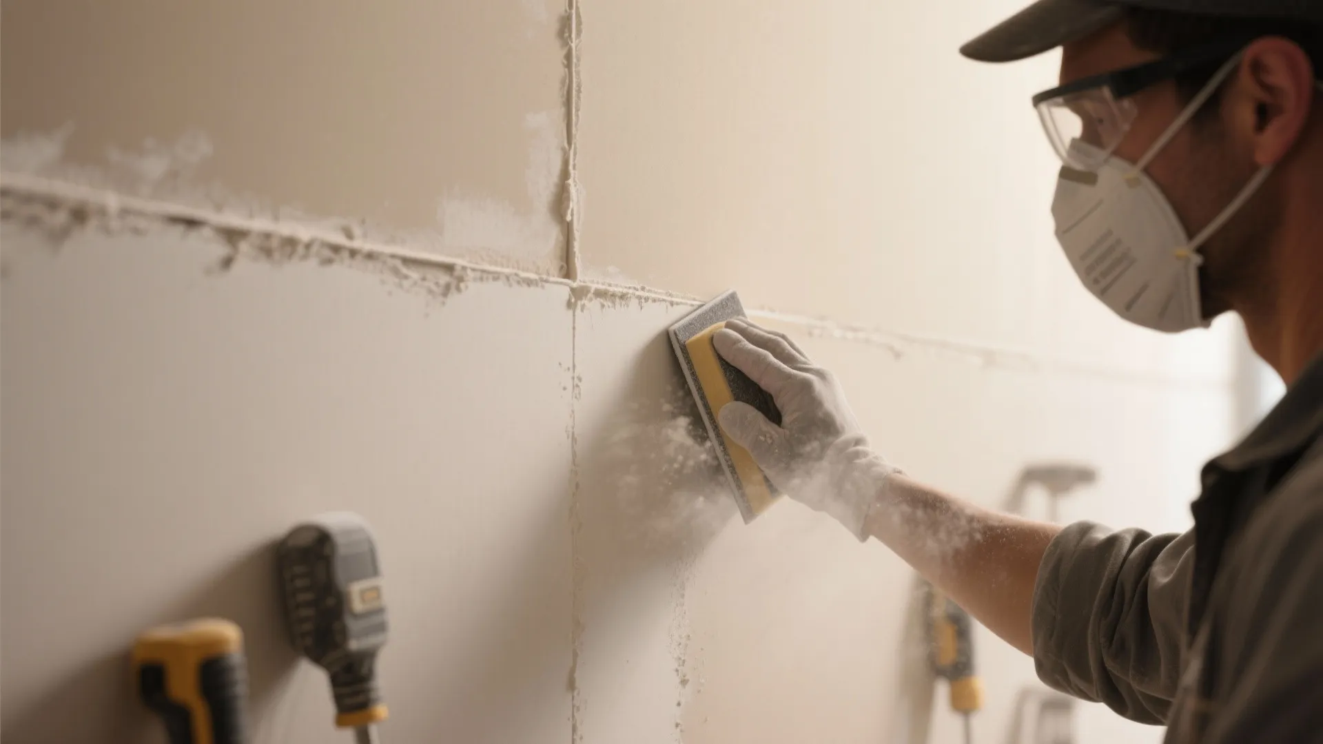 Man wearing safety mask and gloves using a hand sander to smooth a white wall