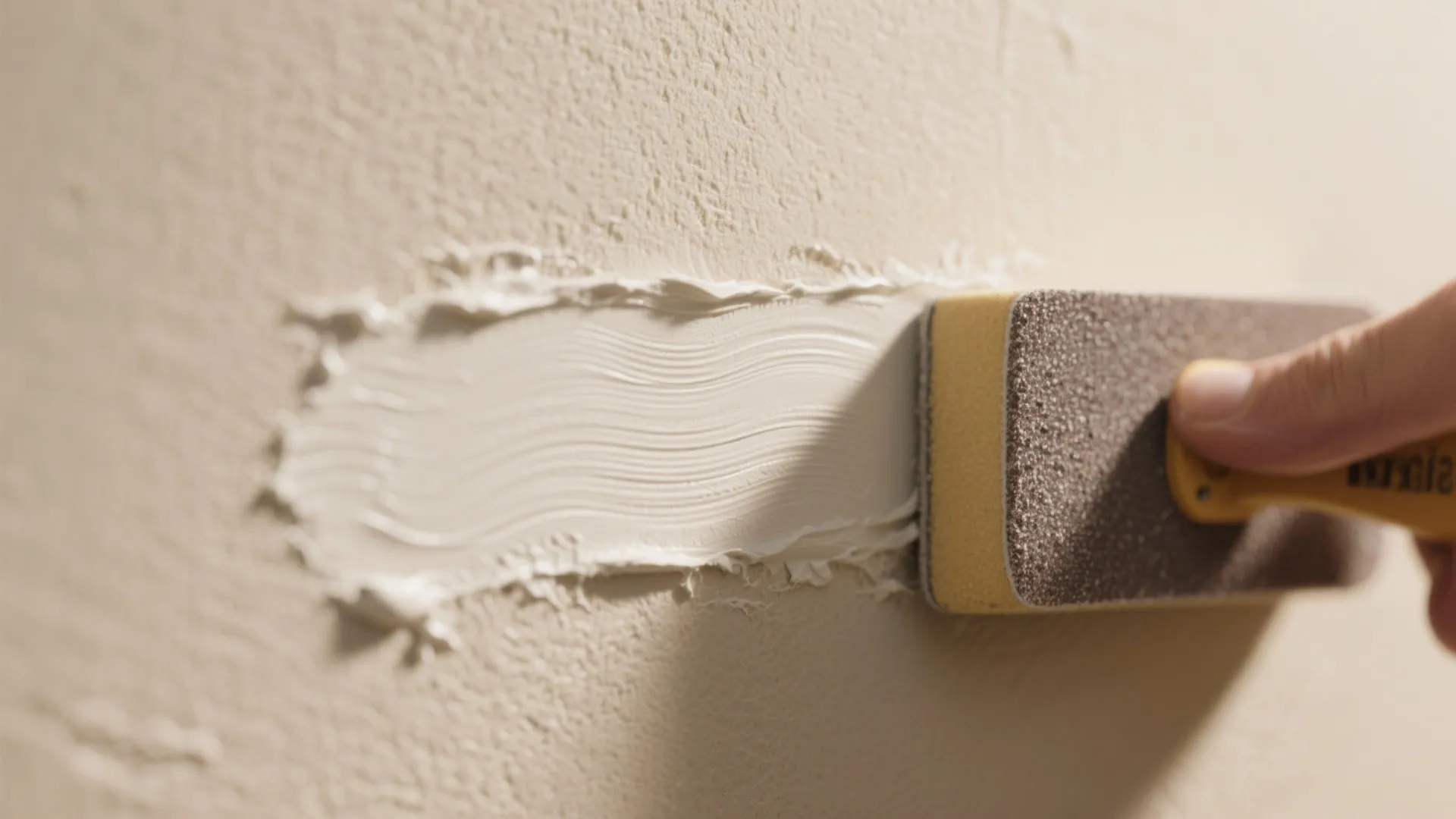 Hand using a sanding block to smooth white wall plaster during a home renovation project