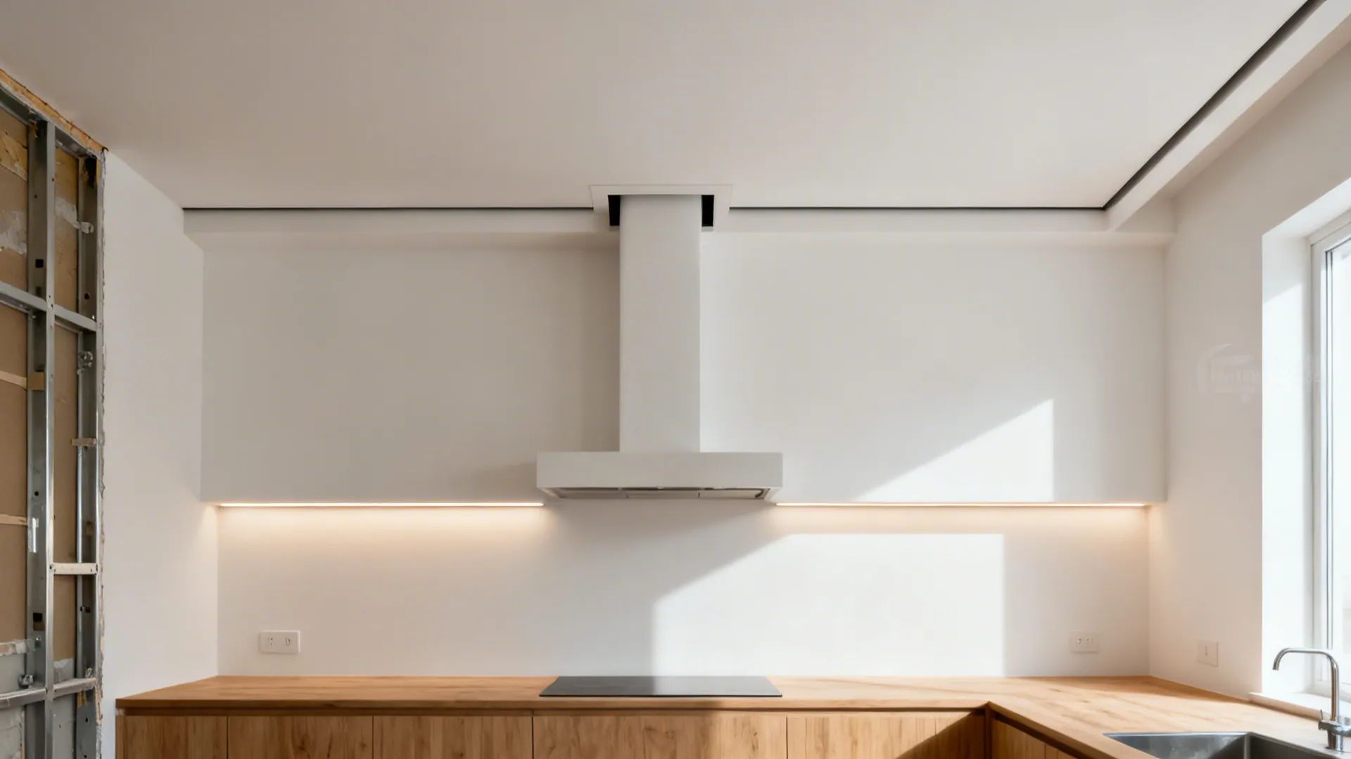 Minimalist kitchen with wooden countertop and white vent showing narrow black gap on white ceiling