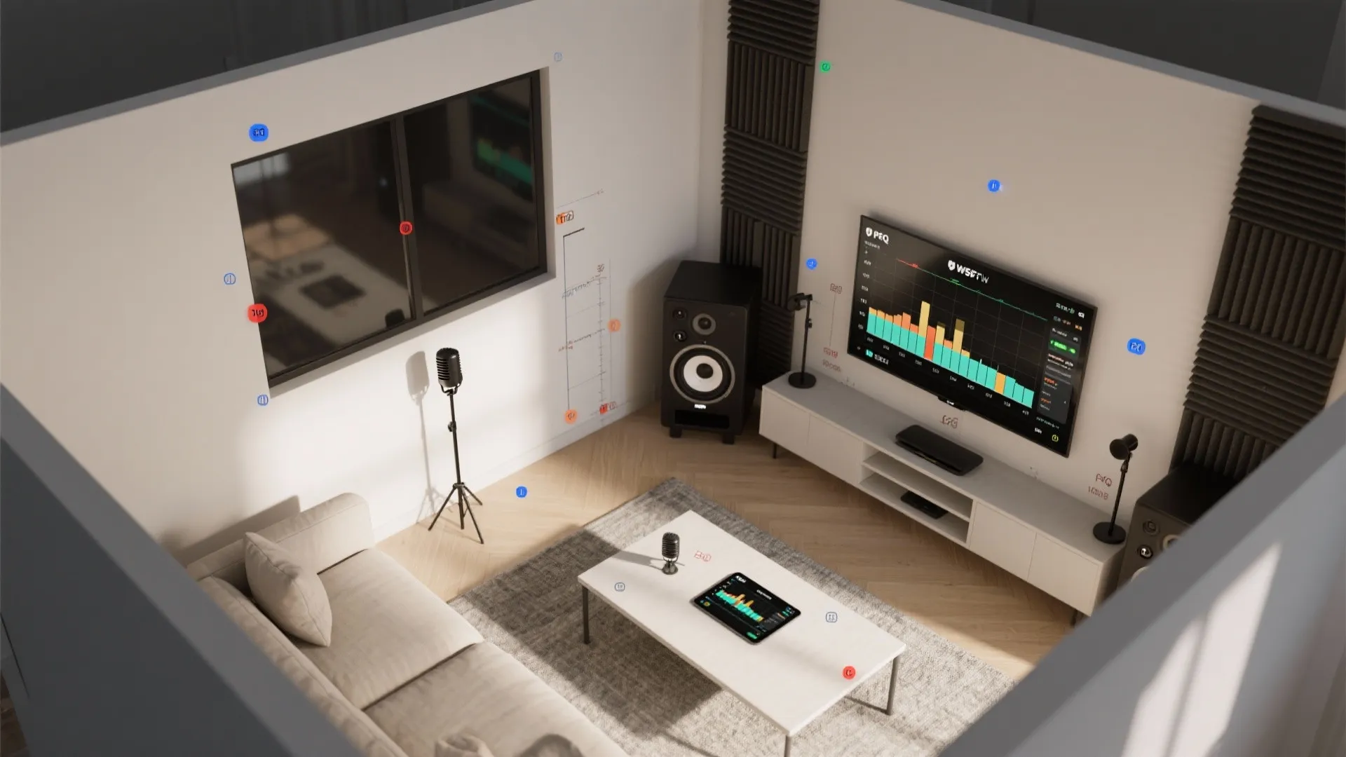 Top-down view of a small living room with subwoofer, measurement points, and tablet-based room EQ.