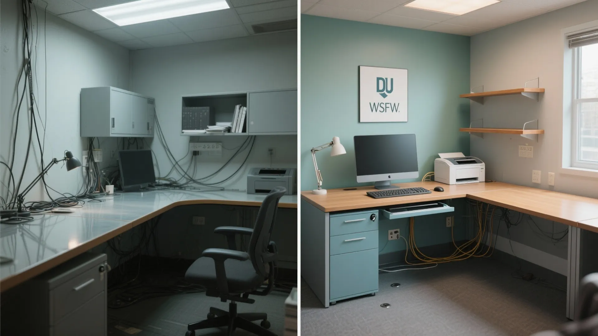 L-shaped workstation and vertical storage