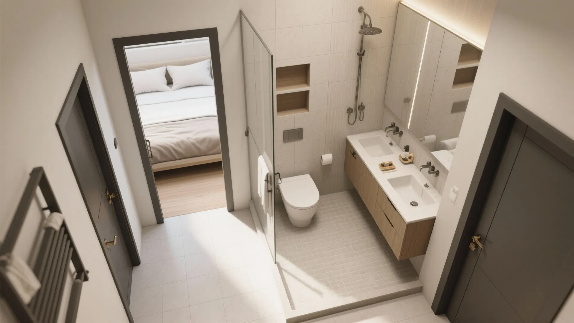 Top-down view of a dual-access bathroom with doors to a guest bedroom and hallway and stacked wet walls.