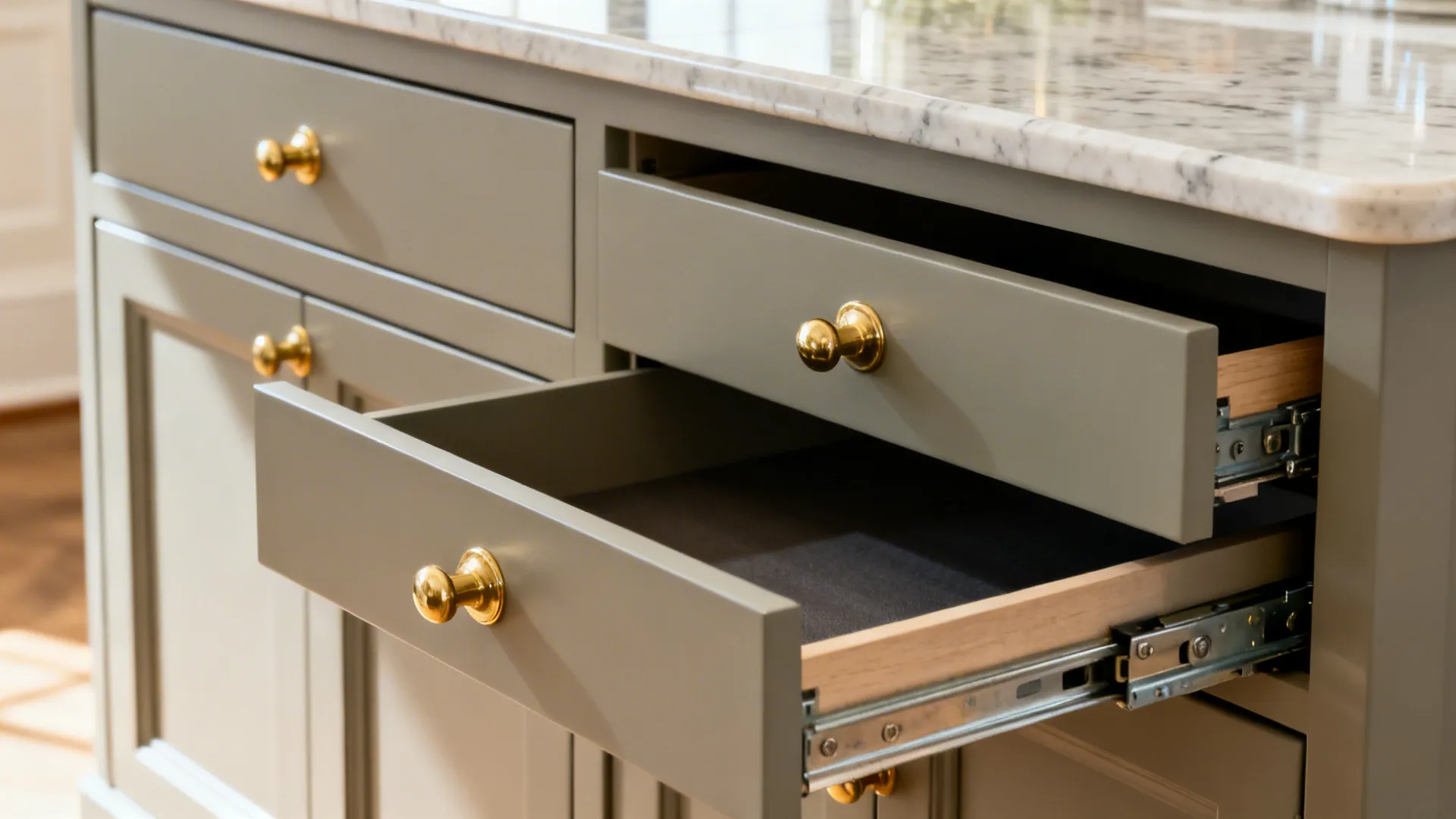Close-up of dual-access island drawer with brass pull and quartz top showing solid construction.