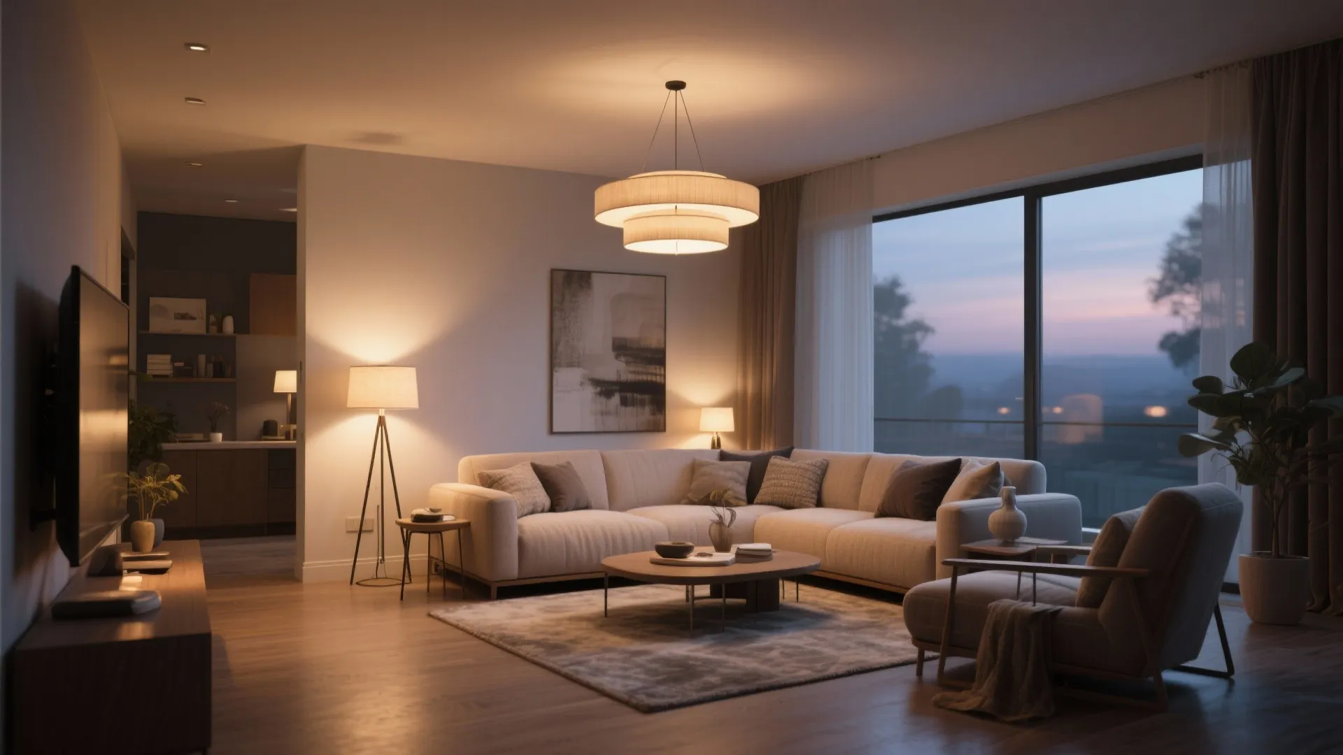 Cozy living room interior with corner sofa large window ceiling light floor lamp and evening