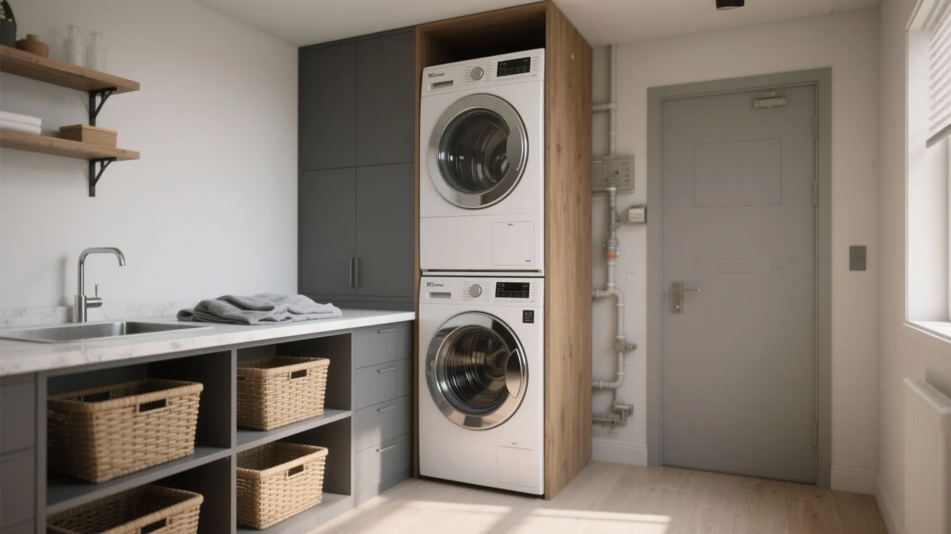 Stackable front-load washer and dryer with a removable countertop used for folding and storage baskets.