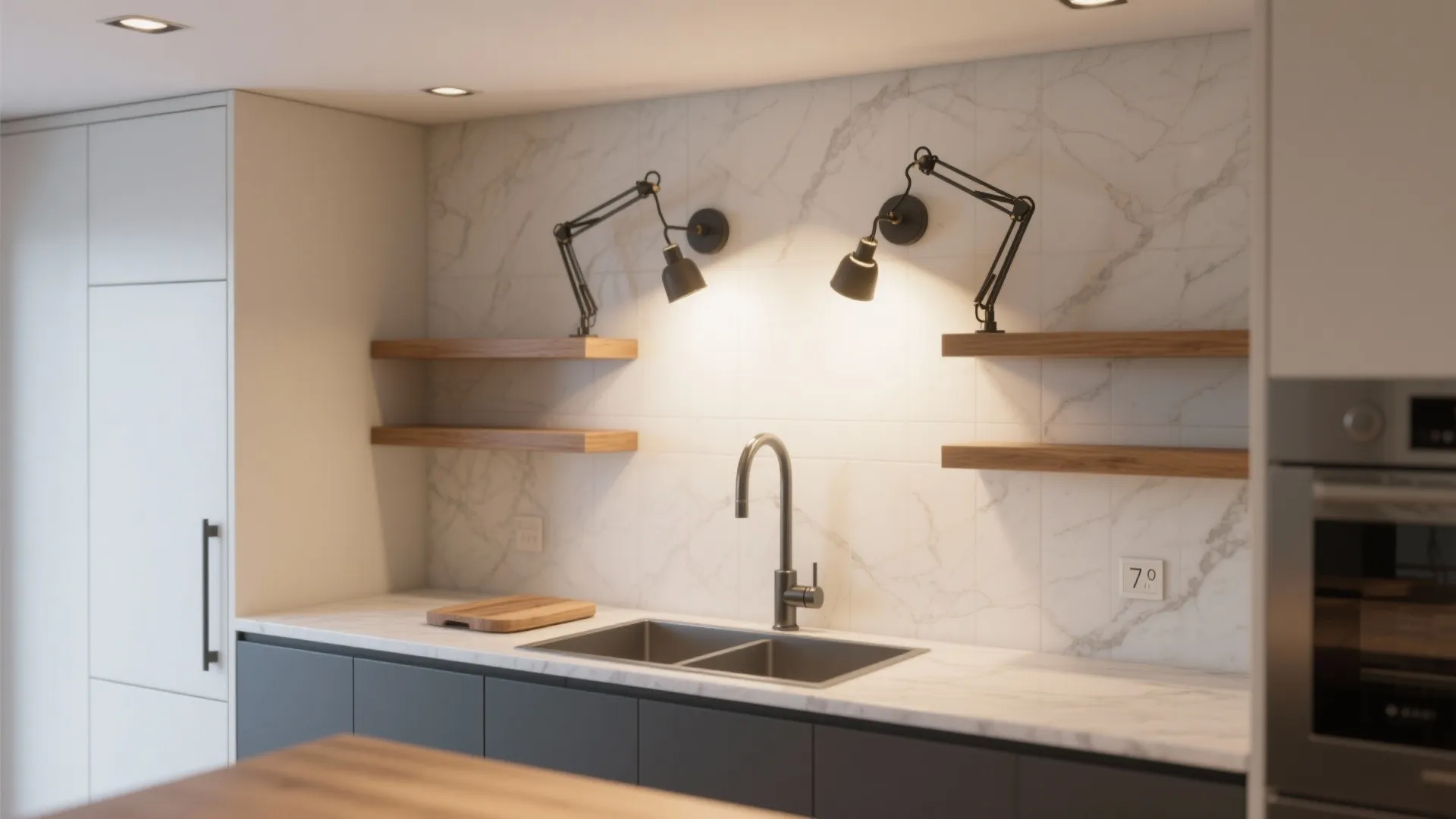 3) Dual-Arm Swing Sconces Over the Backsplash