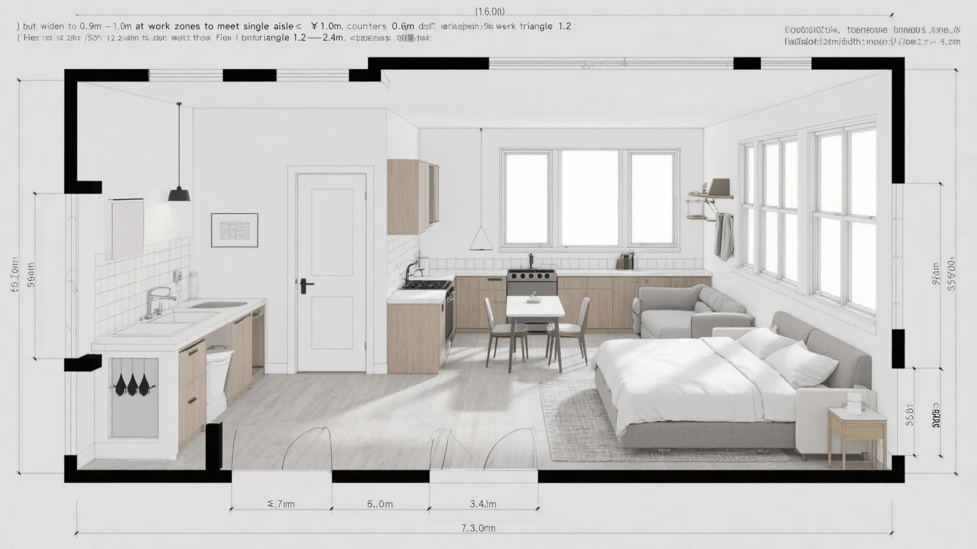 Top-down CAD plan showing dual exposures, foyer buffer, flex alcove, and primary suite