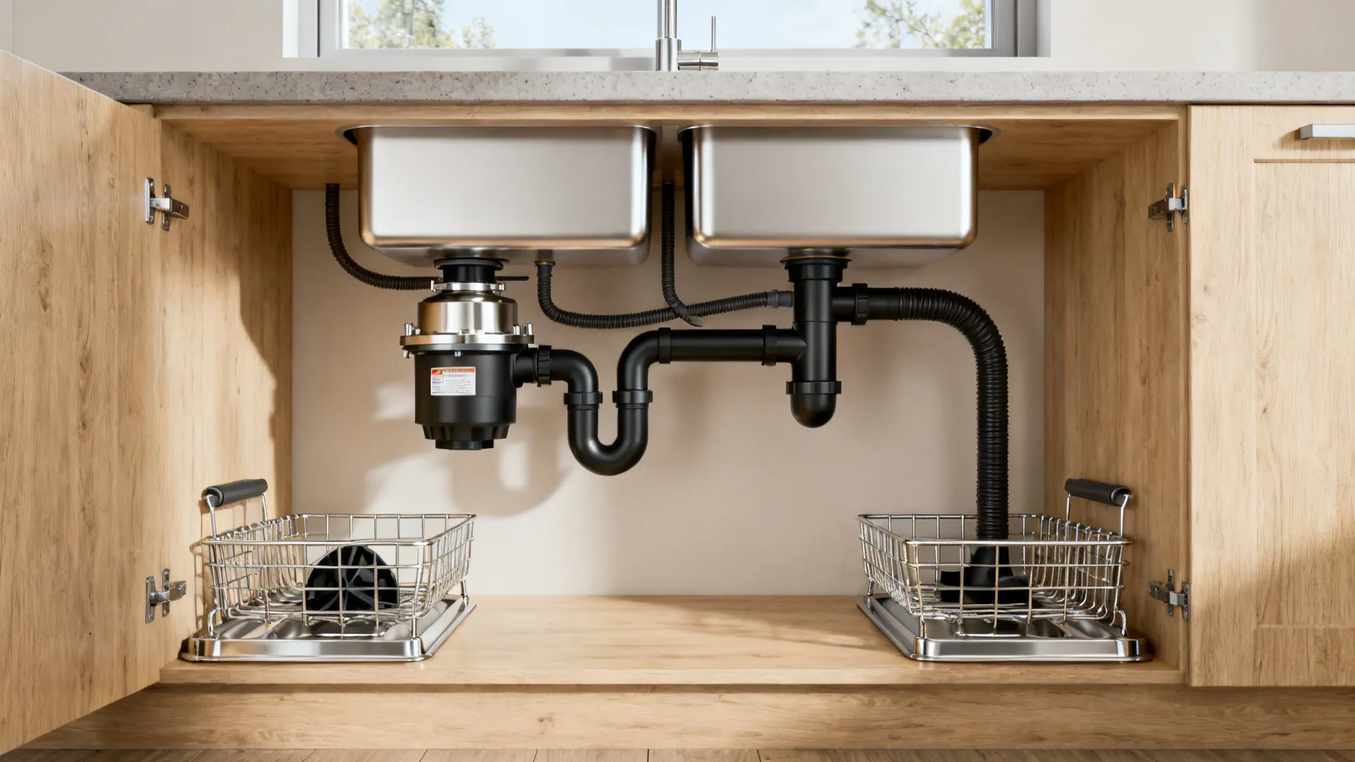 Wide under-sink view of a dual-basin waste kit with disposer and baffle tee.