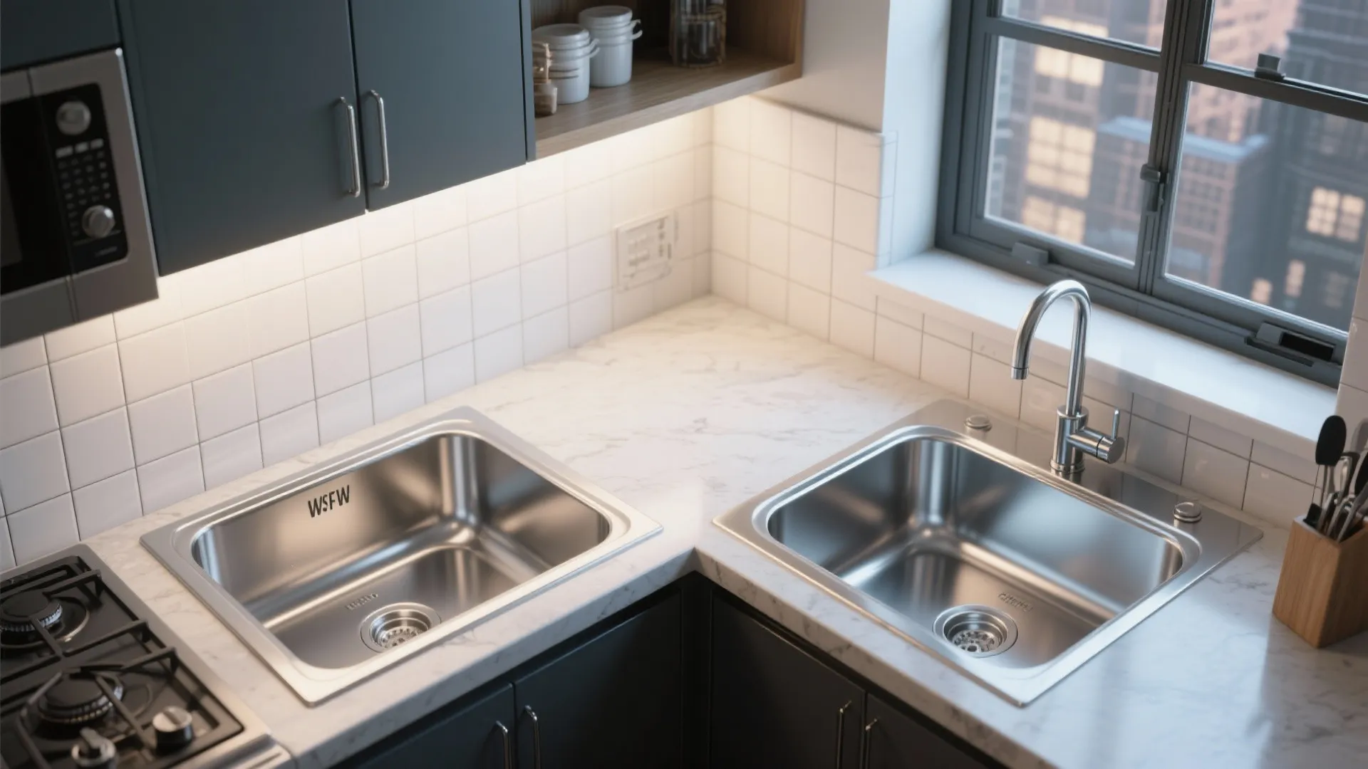 Dual basin corner sink in modern loft kitchen
