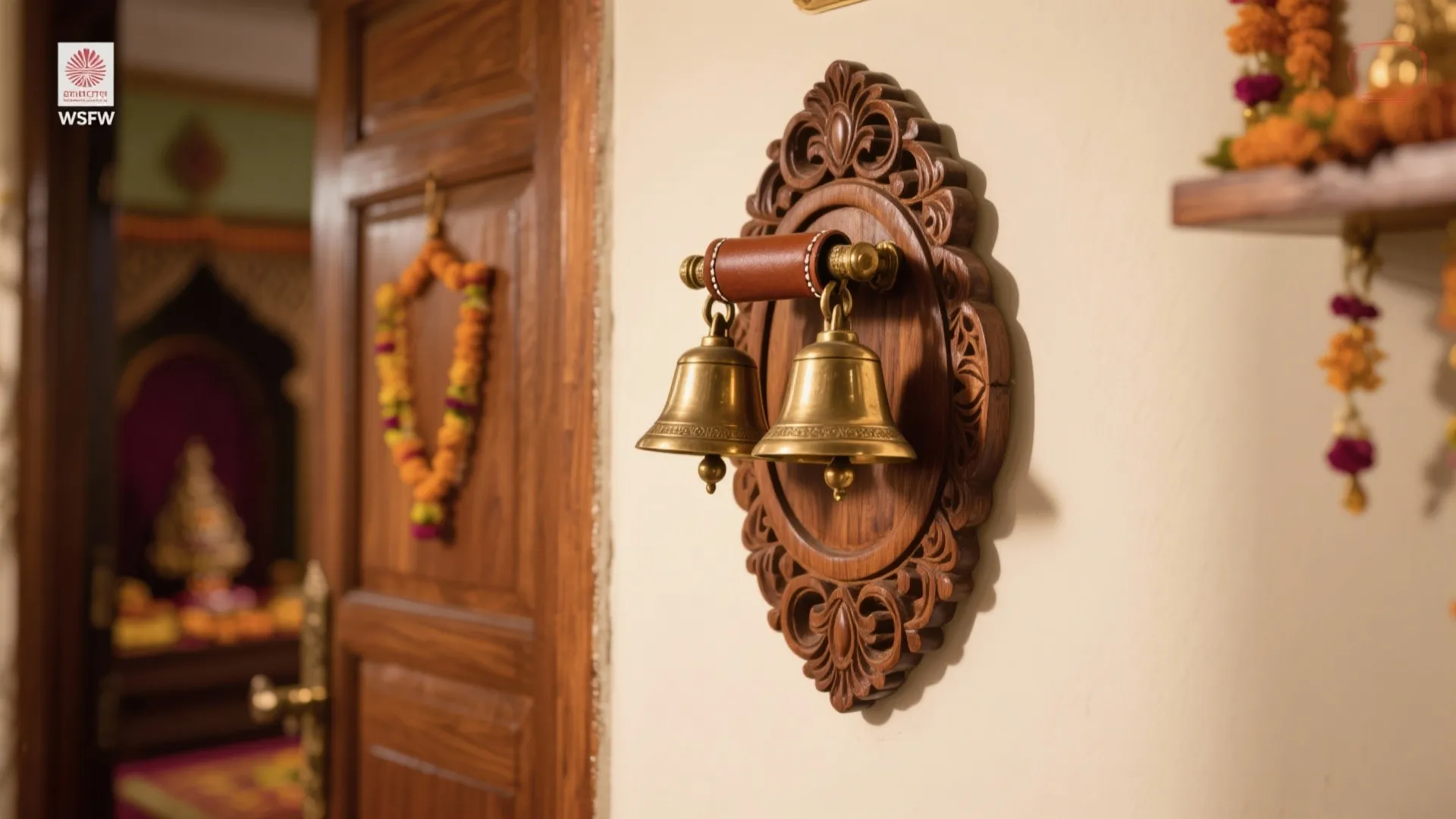 Temple-Inspired Dual-Bell Cluster With Carved Wood Mount
