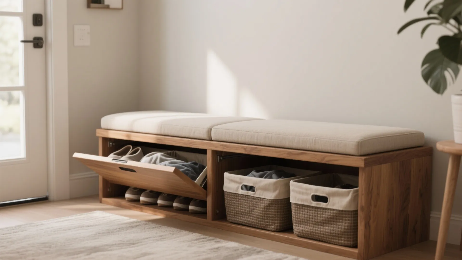 3. Dual-purpose Benches with Laundry Bins
