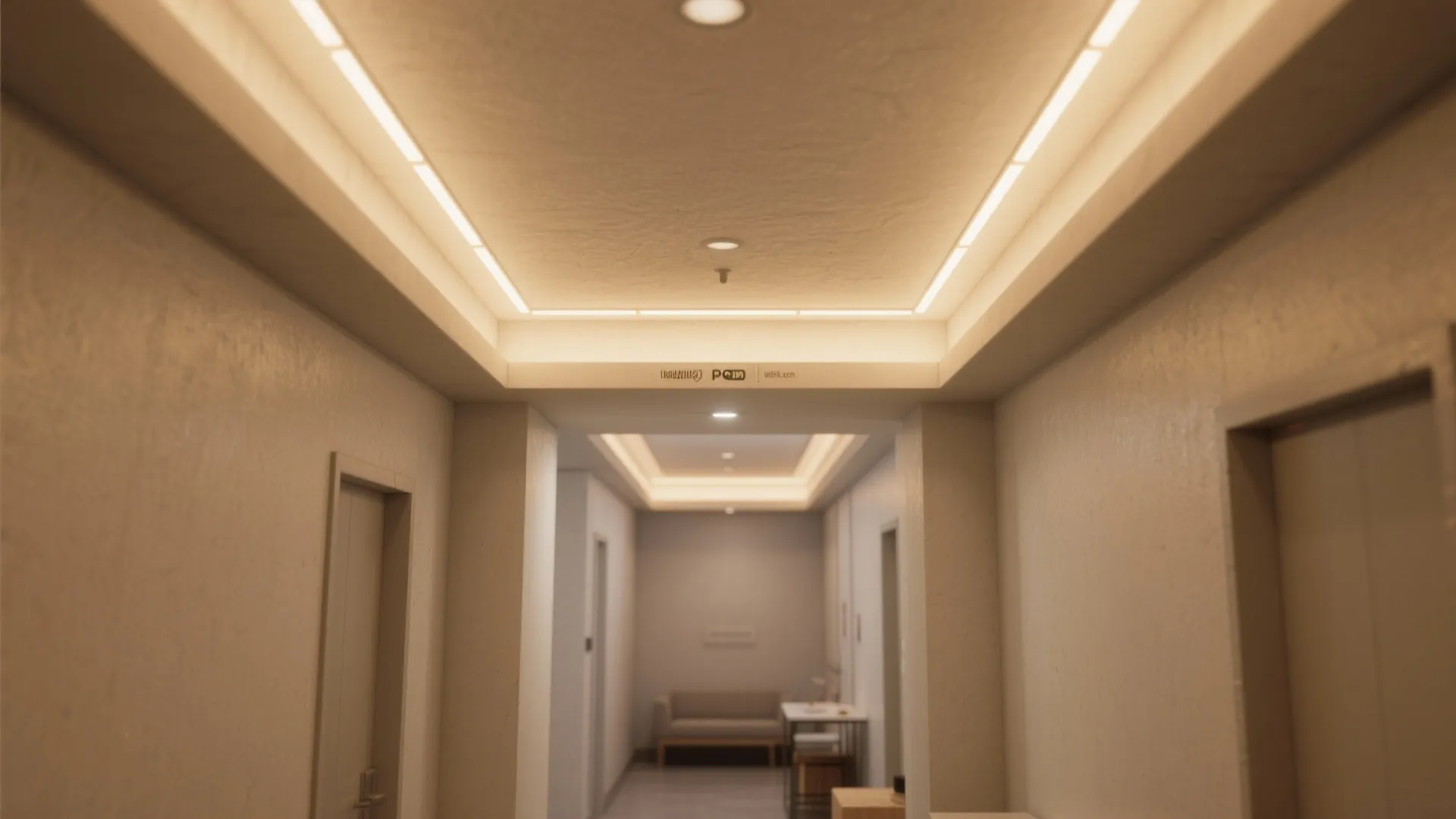 Long narrow hallway with warm light fixtures on the ceiling and a small sofa area