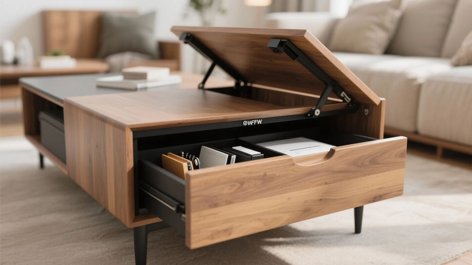 Modern wood coffee table with lift top storage and open drawer showing books and documents