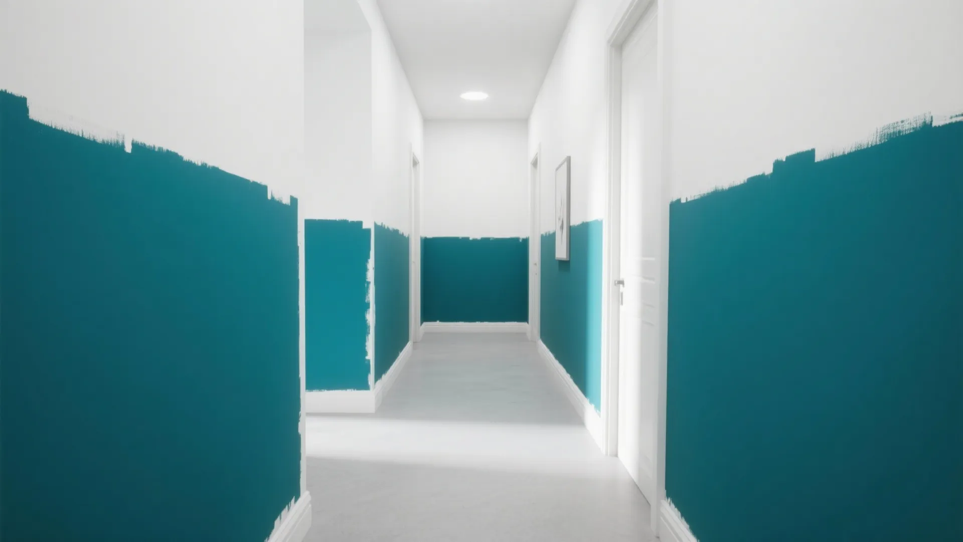 Long white hallway with teal blue painted wall panel design and bright white doors floor