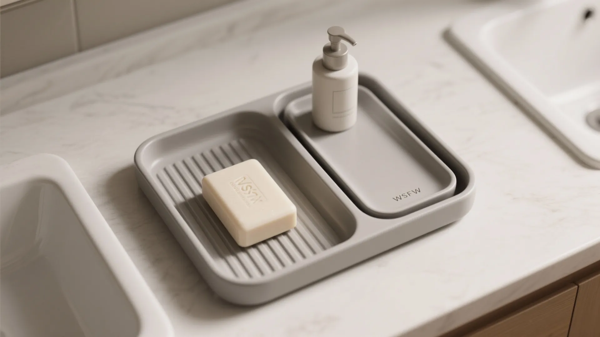 Top-down view of a dual-compartment tray with ribbed bar area and flat pump zone.