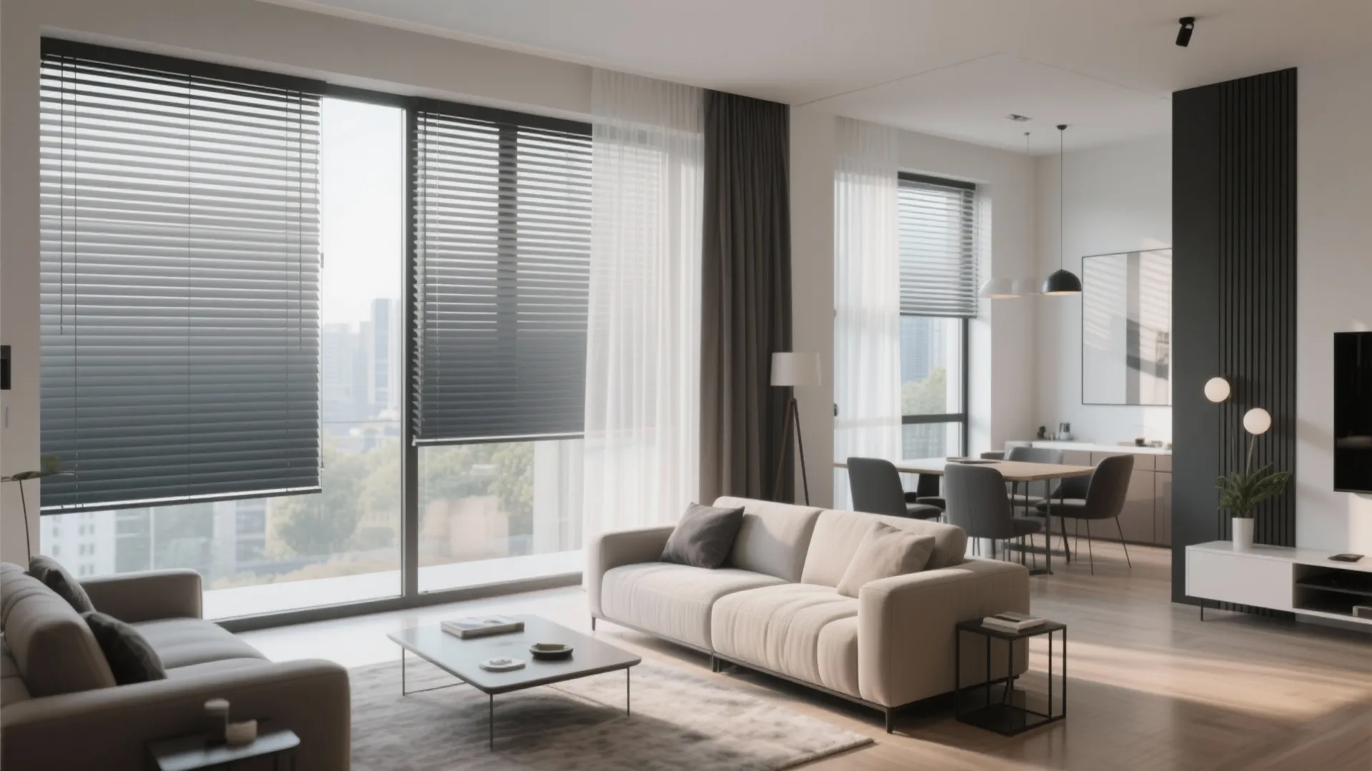 Modern living room with dual day-and-night blinds