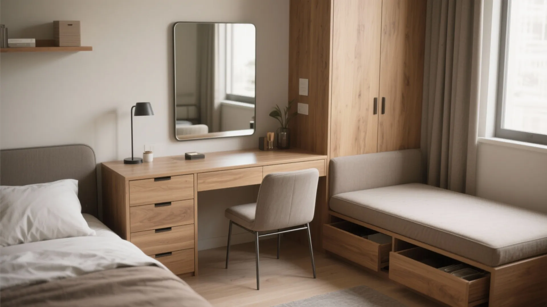 Desk that doubles as a dressing table and a storage bench at the bed foot in a compact shared bedroom.