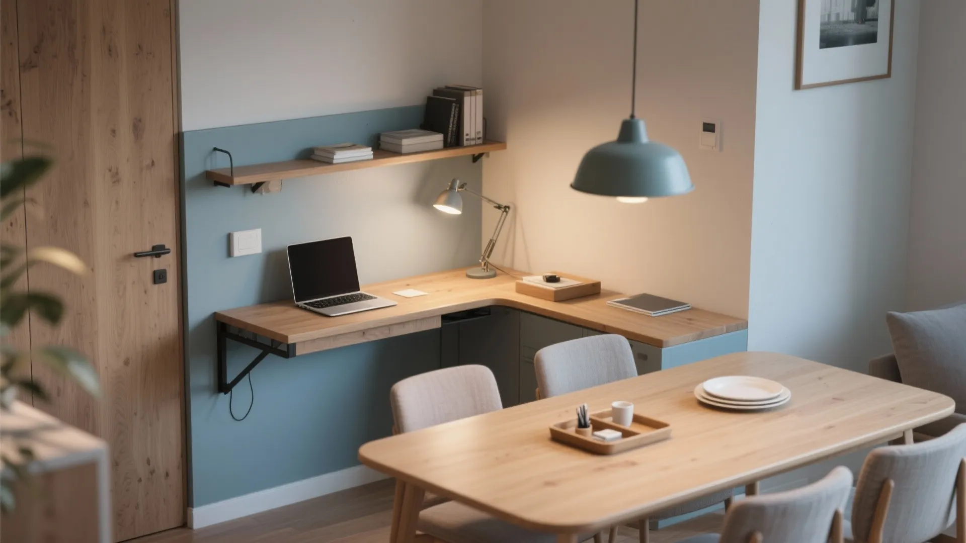 Modern home office with L-shaped wooden desk blue wall panel and laptop near dining table