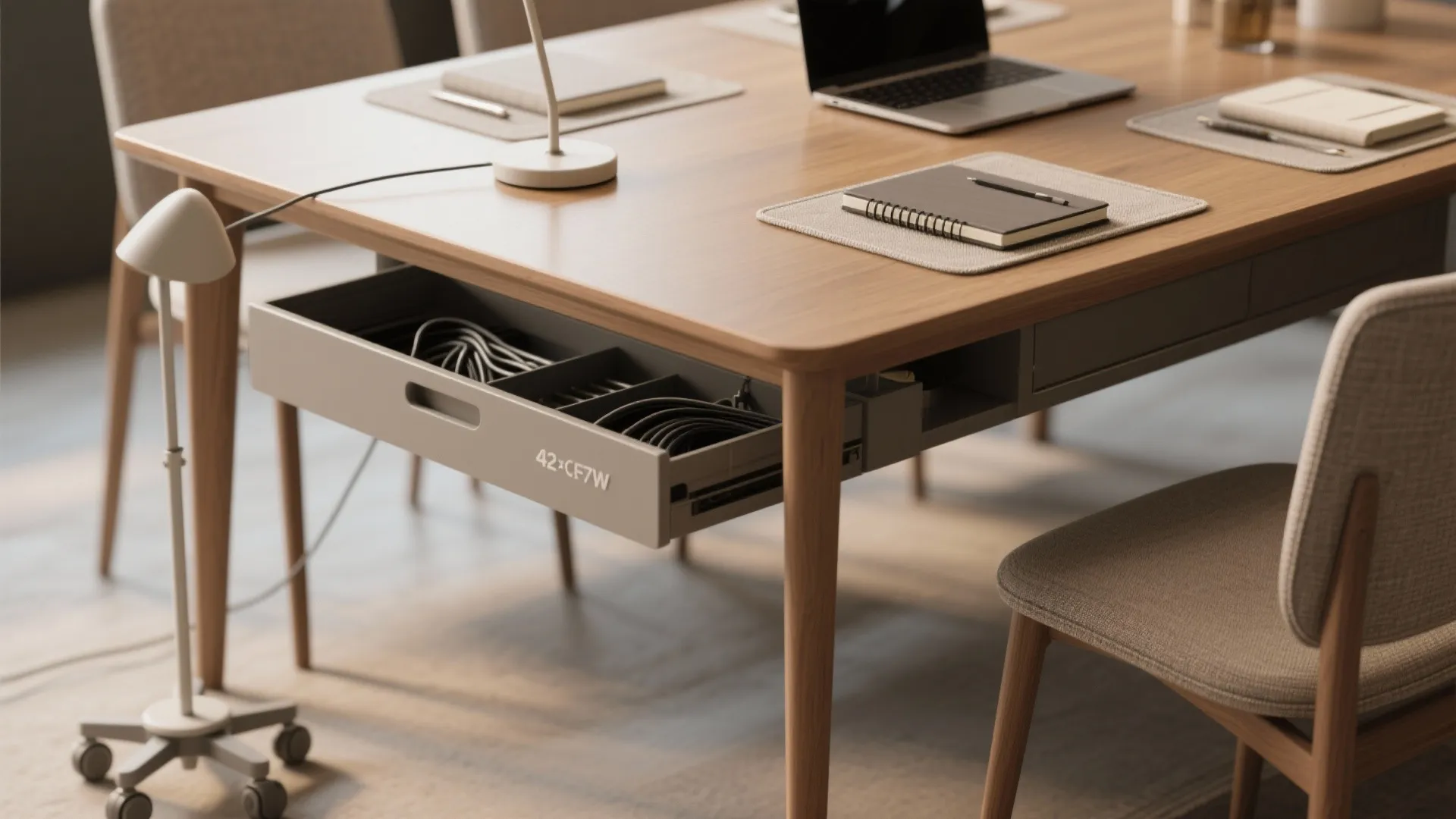 Wooden desk with open drawer for cable management featuring a notebook and modern desk lamp