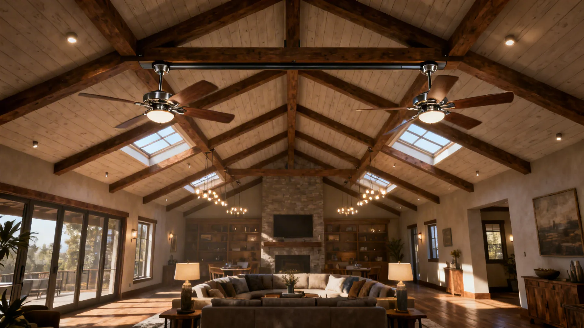 Vaulted living room with two medium ceiling fans on a long downrod, evenly spaced above seating.