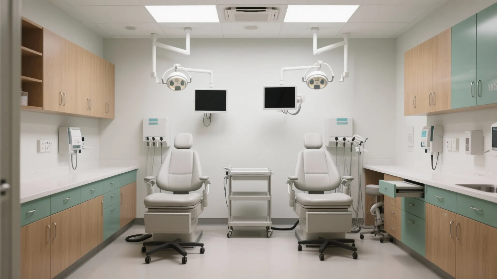 Modern dental exam room with two white treatment chairs ceiling lights wooden cabinets and wall monitors