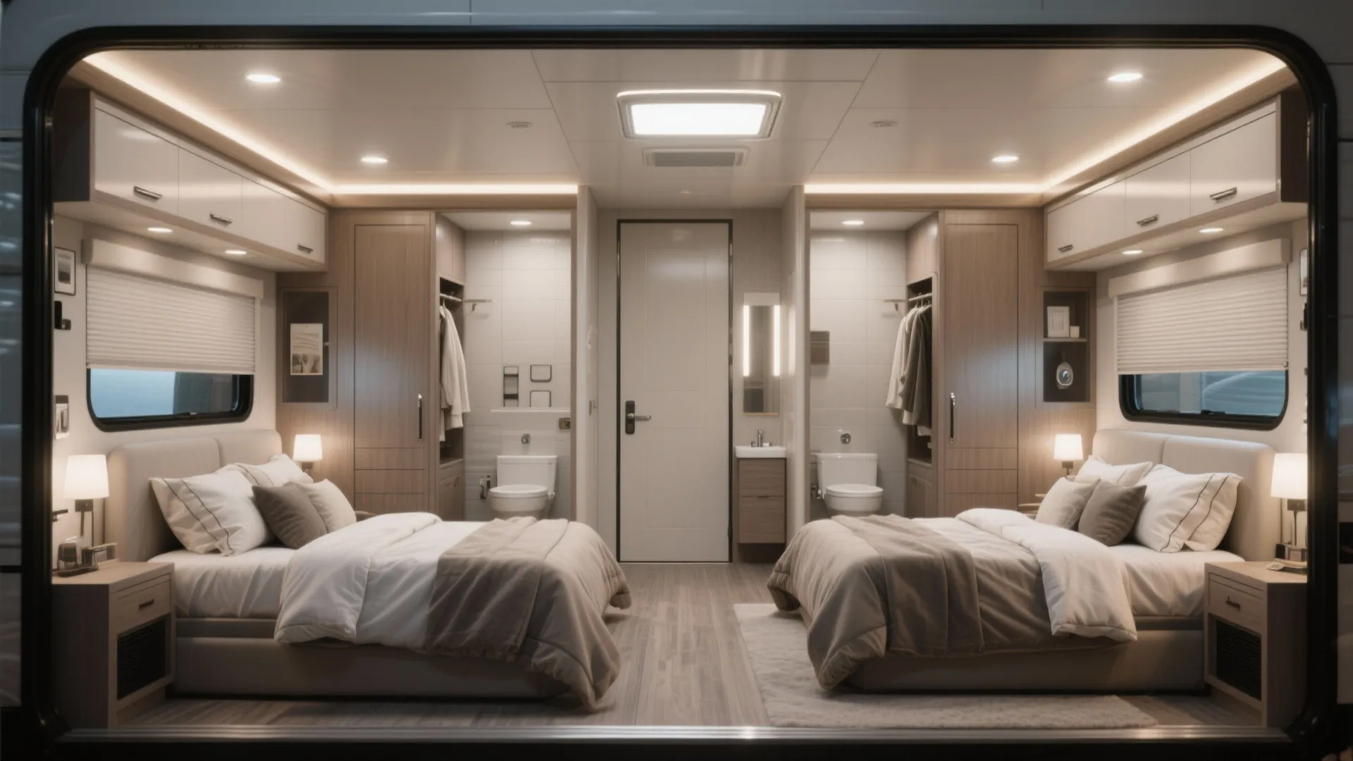 Two ensuite bedrooms with private bathrooms inside a luxury fifth wheel.