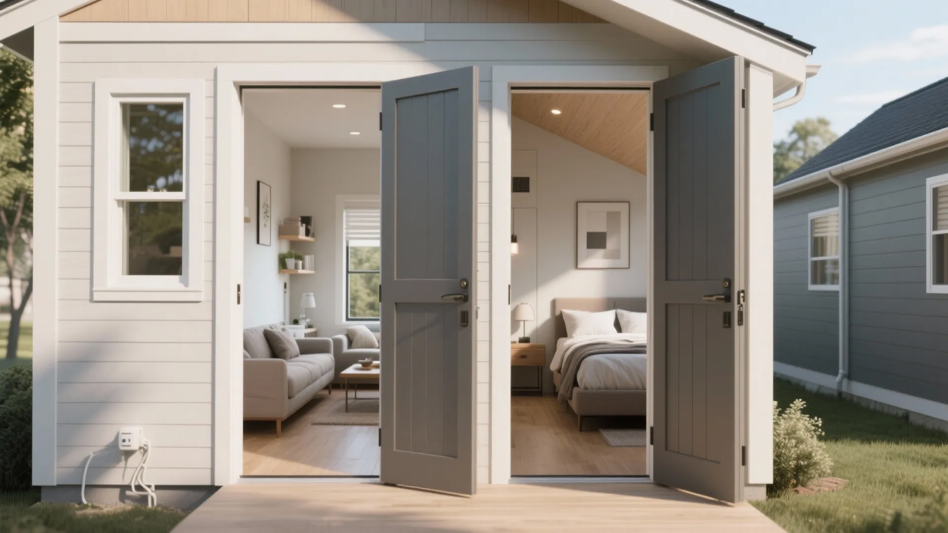 Tiny house showing two entrances with corridor and pocket doors for flexible access.