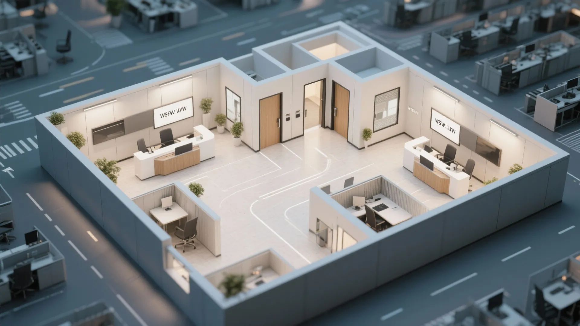 Top-down view of office layout with dual entrances