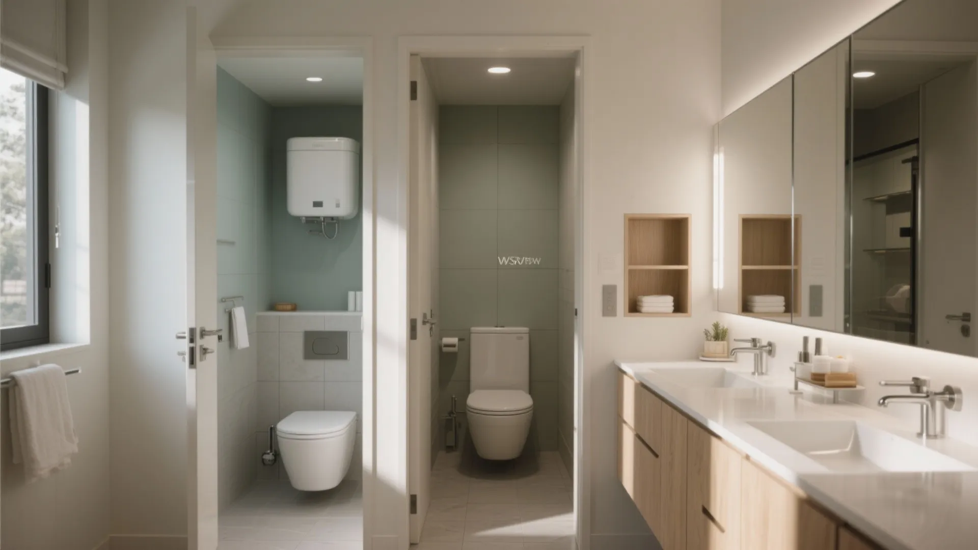 Interior design drawing showing two separate toilet rooms next to a double sink bathroom vanity area