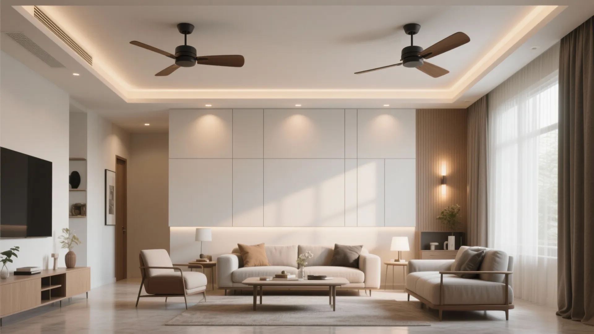 Modern living room with white wall panels plus two black ceiling fans and beige sofa