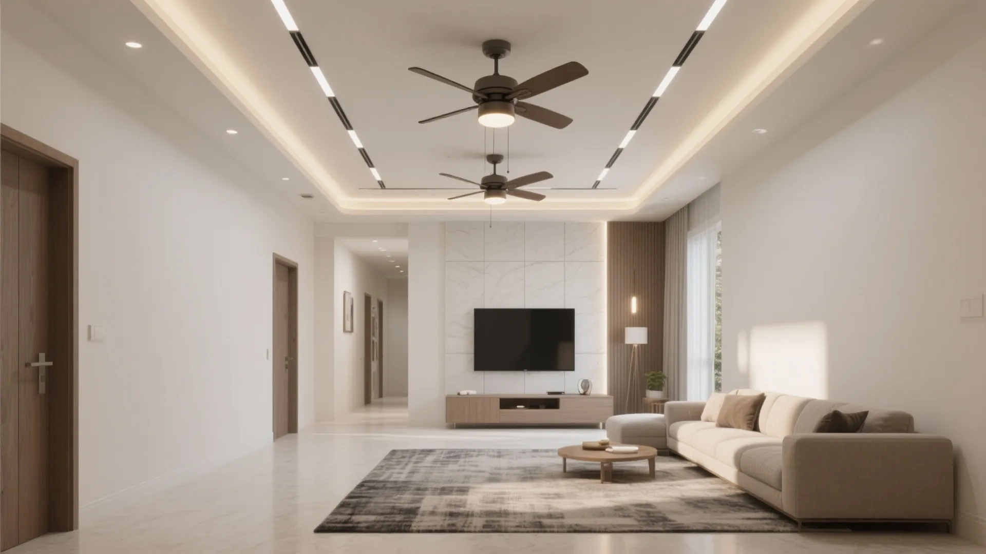 Modern living room with two ceiling fans and beige sofa on a large patterned rug
