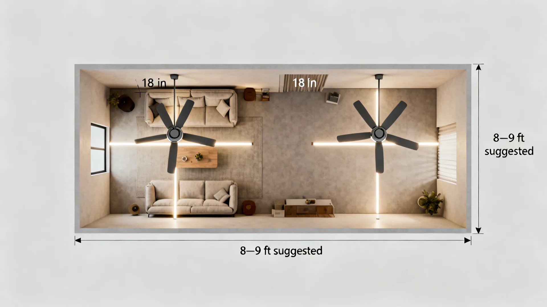 Top-down layout showing two fans spaced between linear lights and zoned seating.