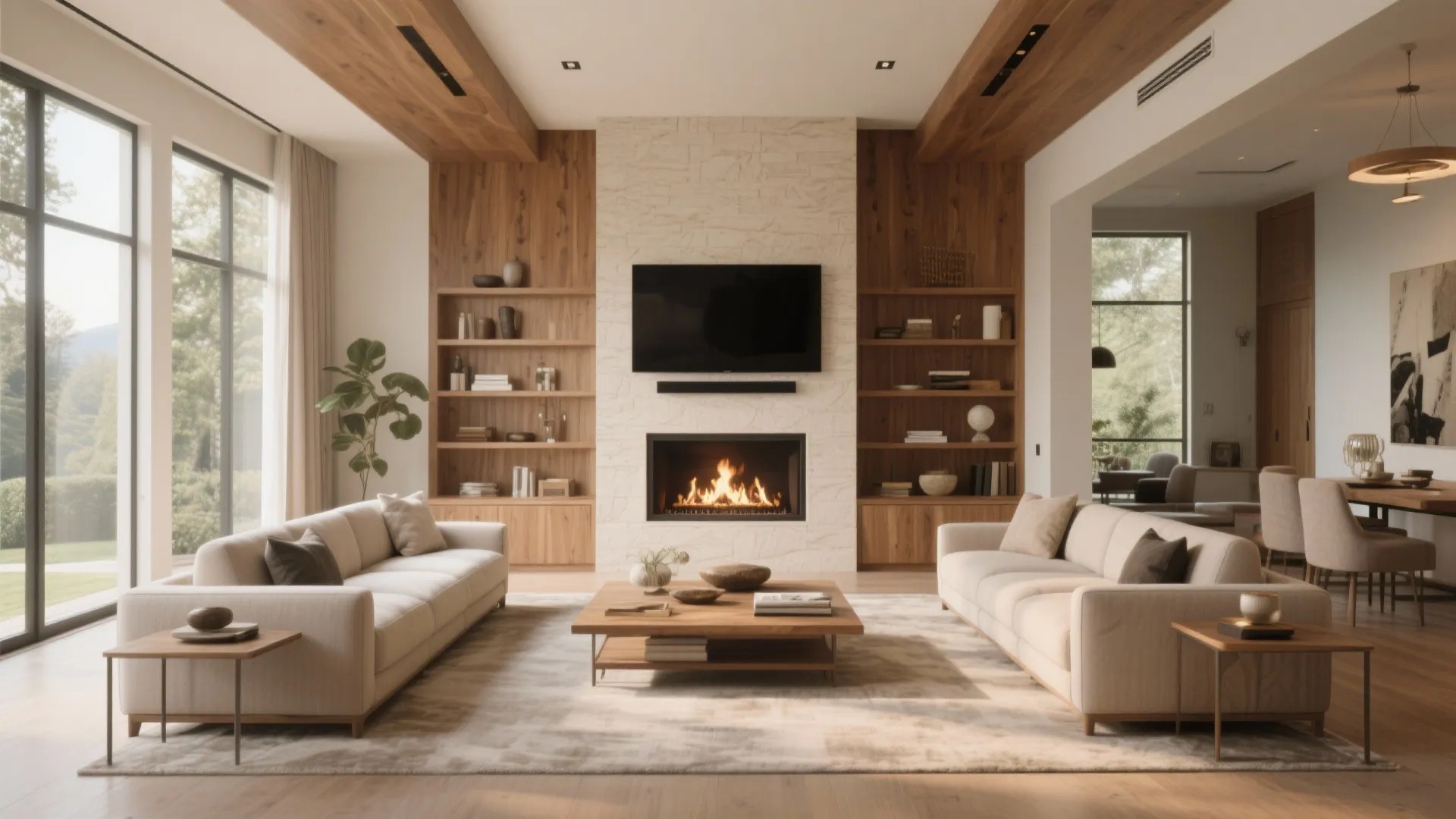 Modern living room with stone fireplace wall mounted television wood cabinets two sofas and large windows