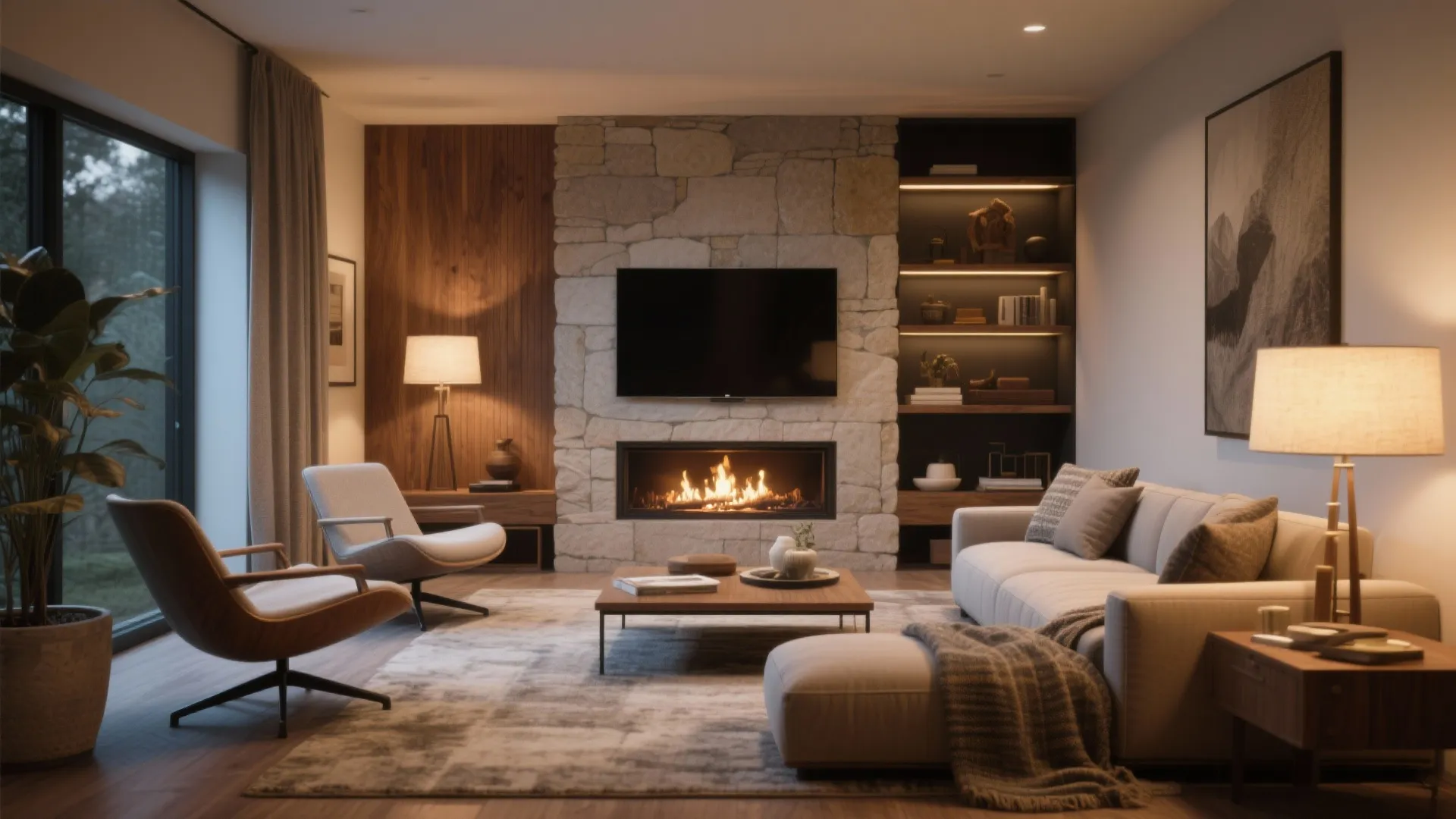 Small living room with both TV and fireplace as focal points and flexible seating like swivel chairs and a low-back sectional.