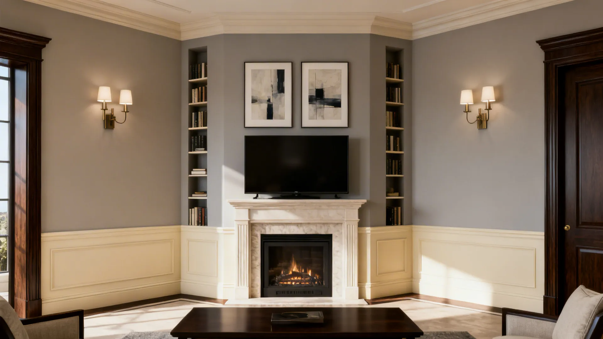 Traditional corner fireplace with TV above symmetrical bookshelves wall light fixtures and cream wall panel