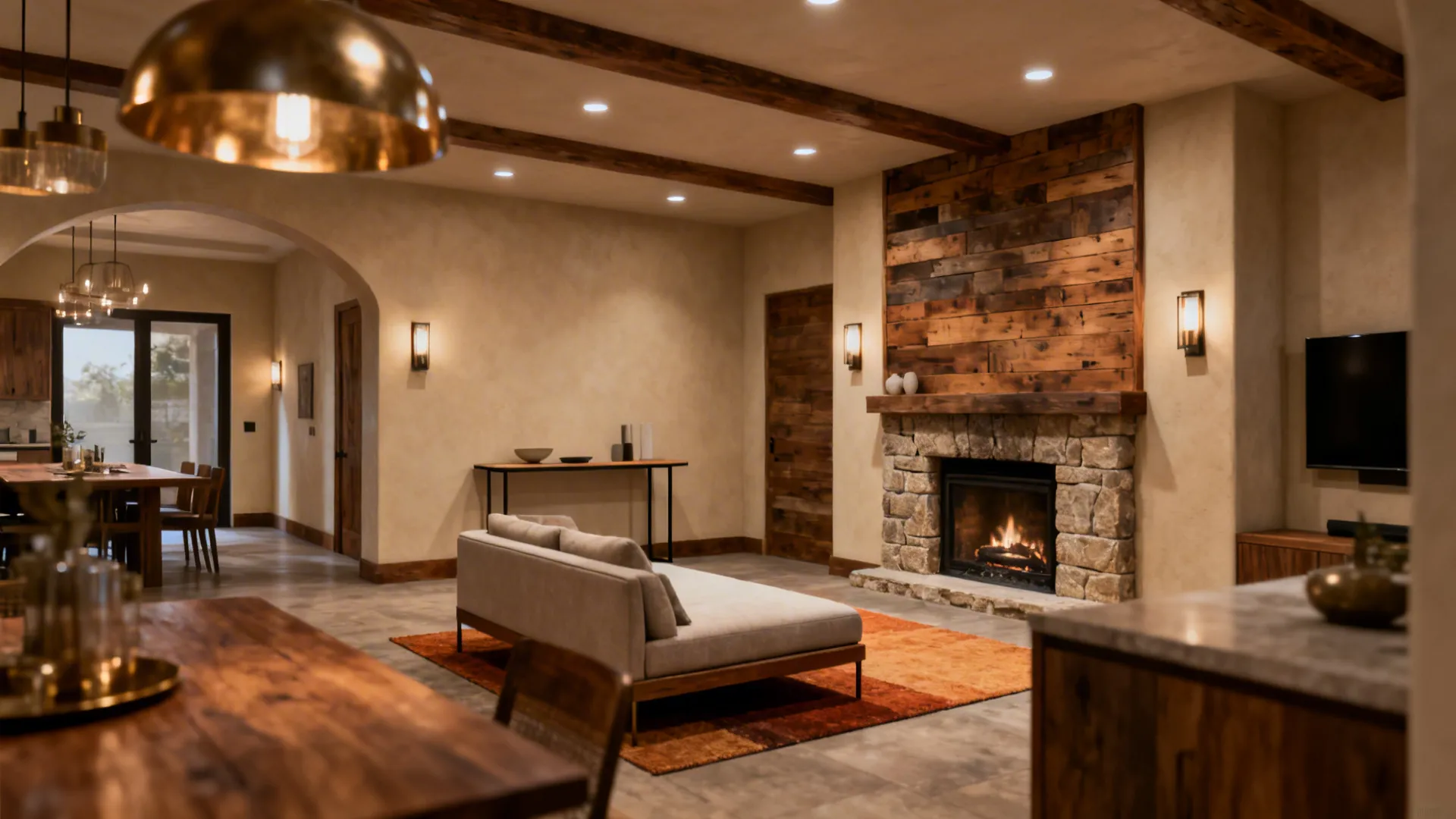 Cozy living room with stone fireplace wood wall panel beige sofa and rustic wooden beams