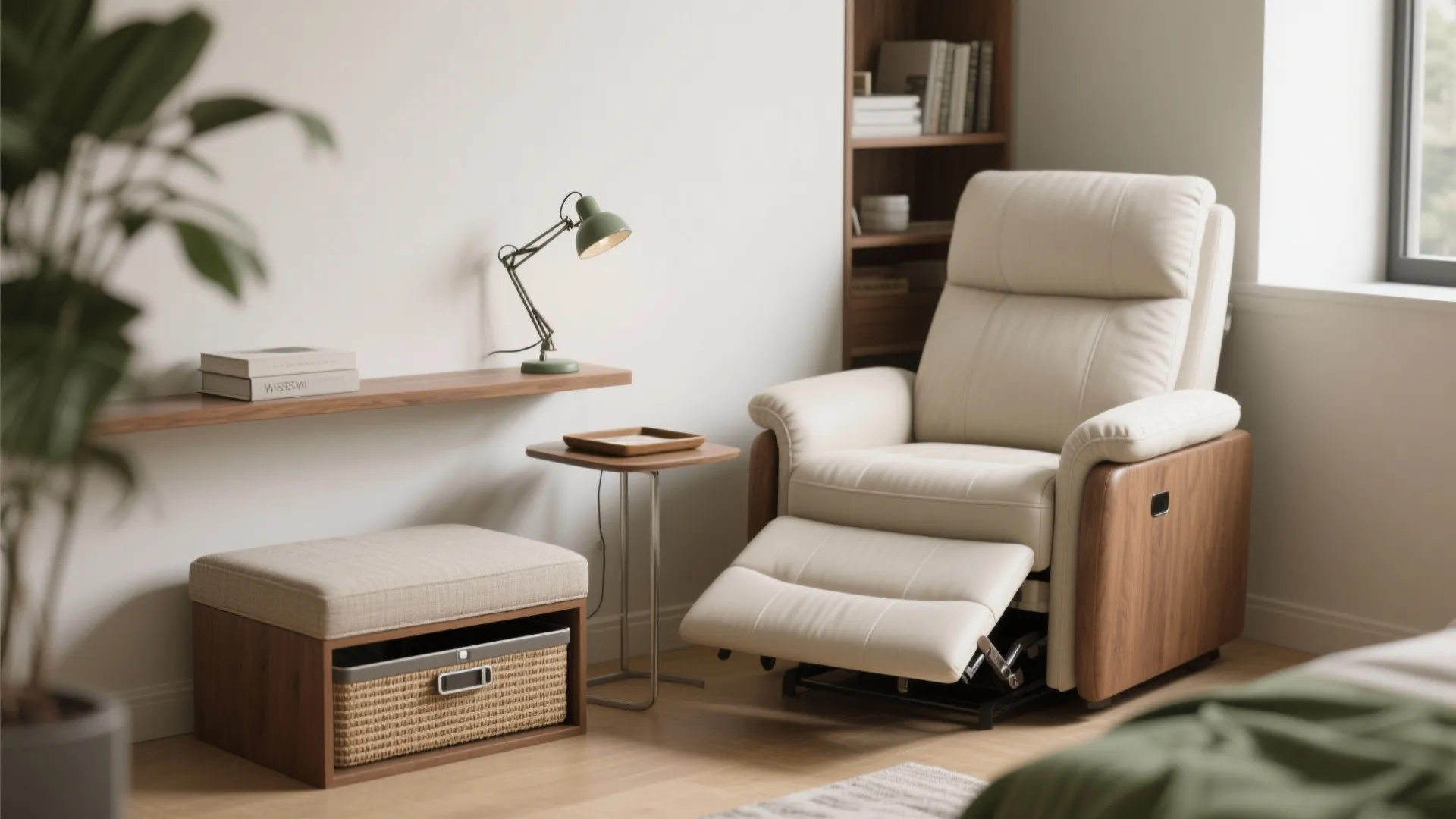 Modern cream recliner sofa with wooden panels next to a green lamp and storage footrest