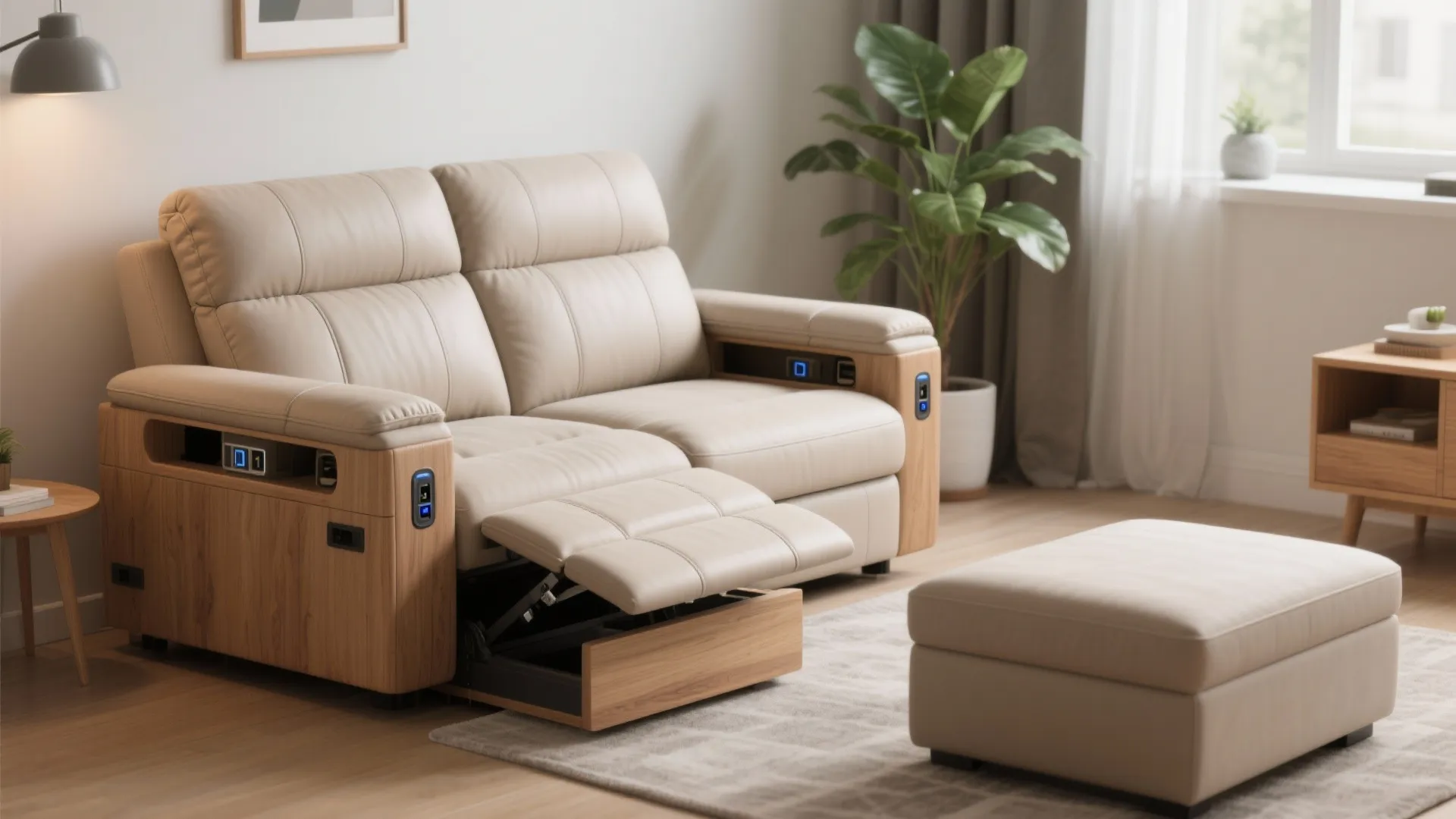 Light colored leather sofa with built in wooden side table and matching footrest in room