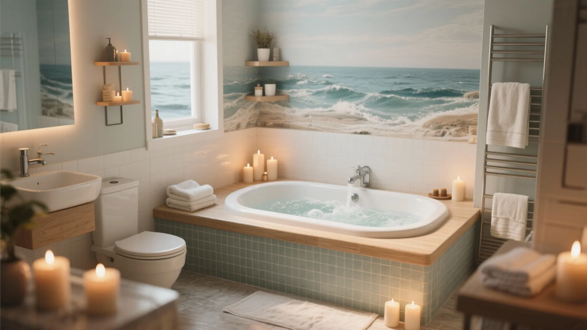 Cozy bathroom featuring ocean mural wall white bathtub with bubbles many candles and warm ambient lighting