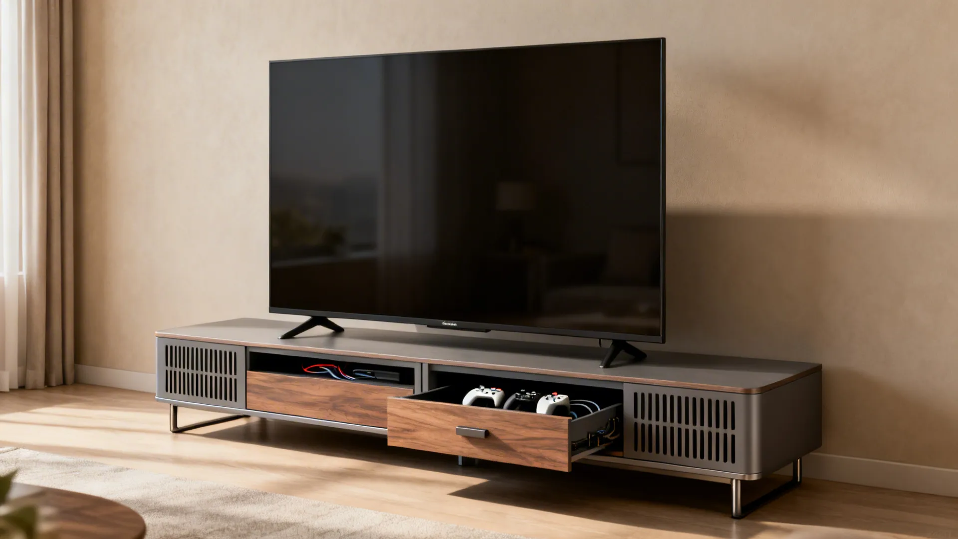 Stylish media console with ventilation slots and push-to-open drawer under a 55 inch TV