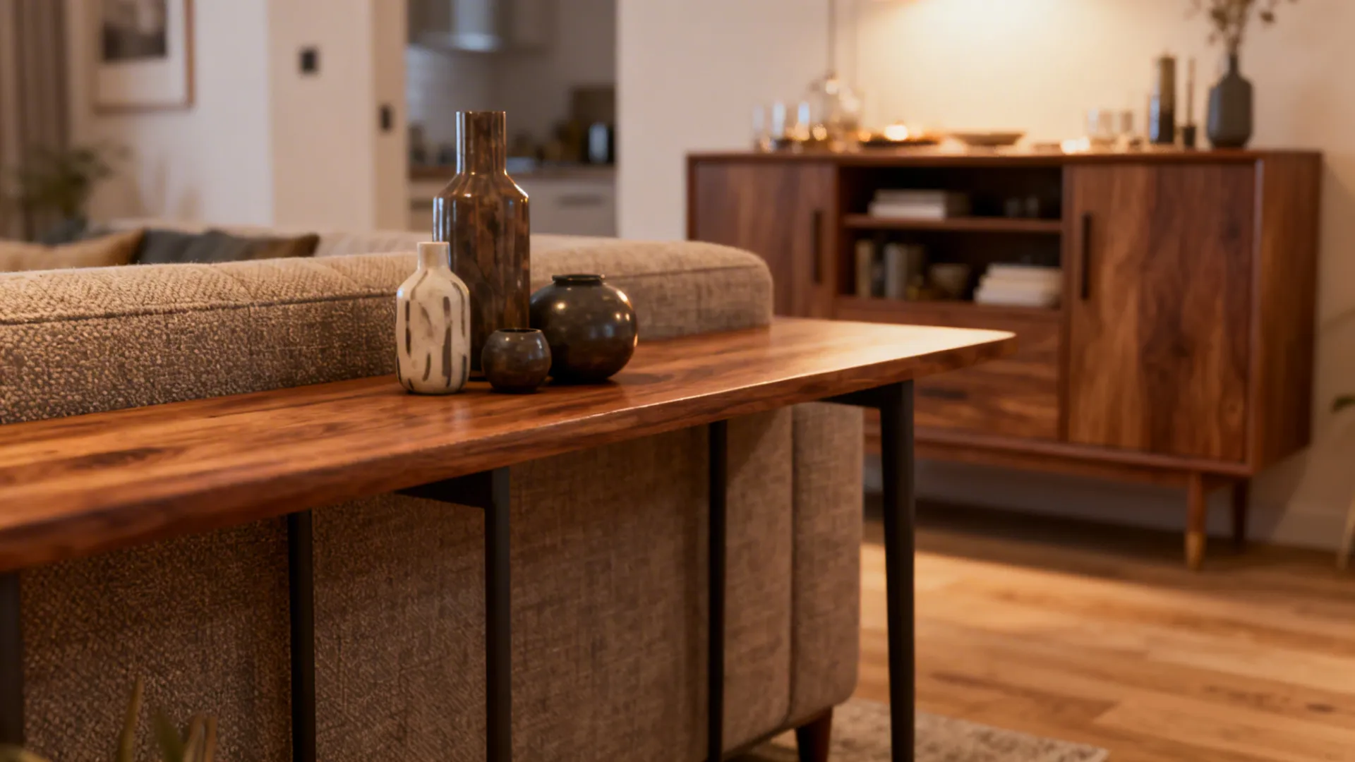 Console behind sofa and multifunction sideboard in a compact open-plan apartment