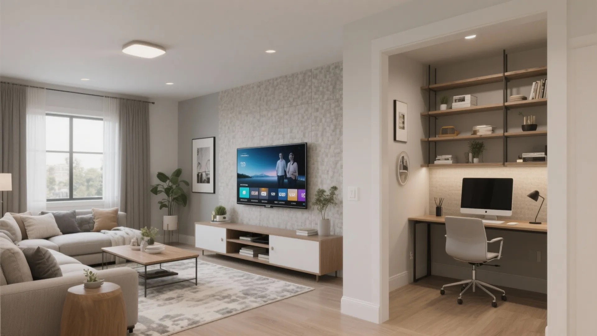 Modern open living room and workspace with sofa, television, wooden cabinet, desk, and office chair