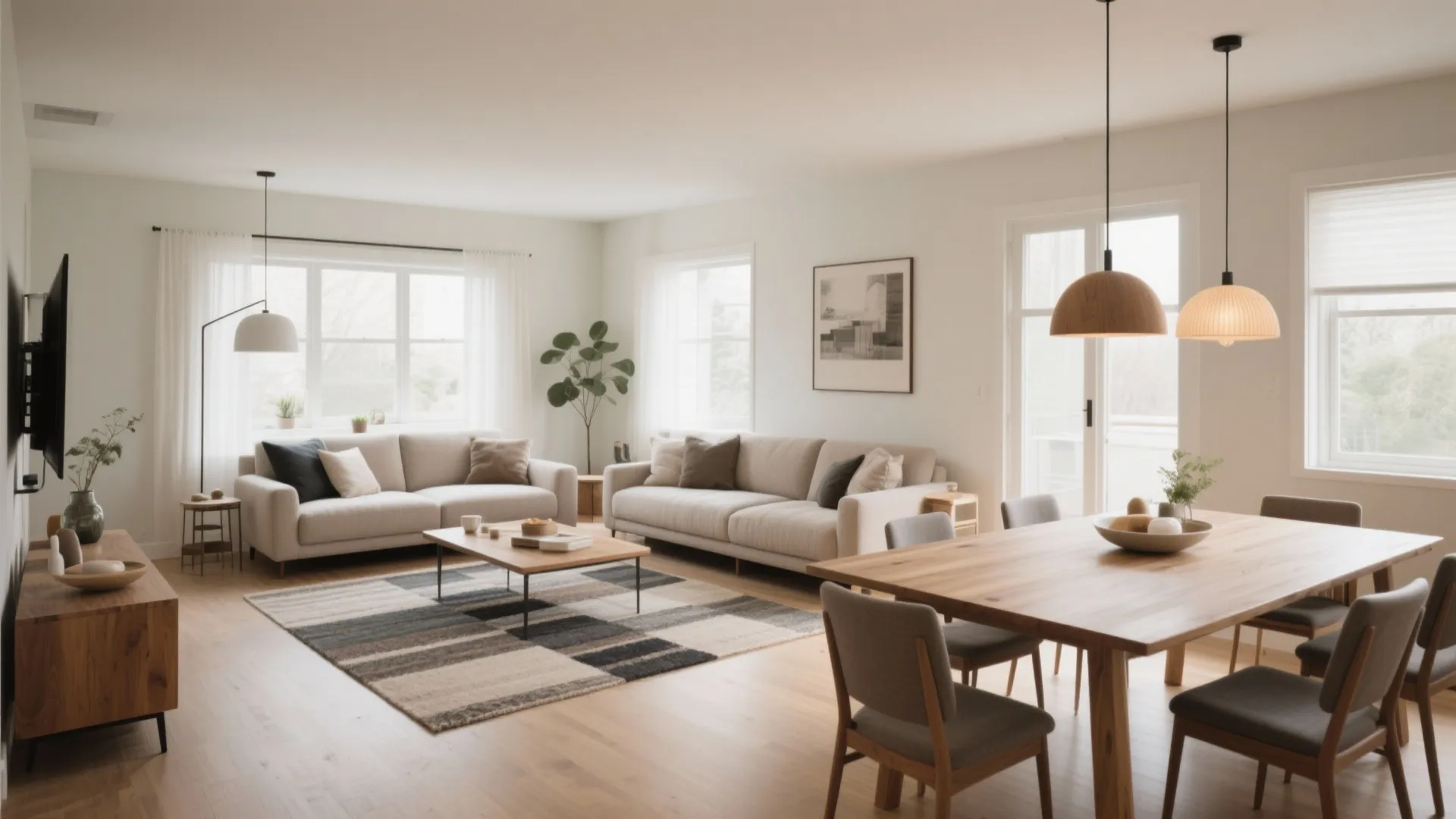 Open plan room showing a living area with two sofas and a wooden dining table