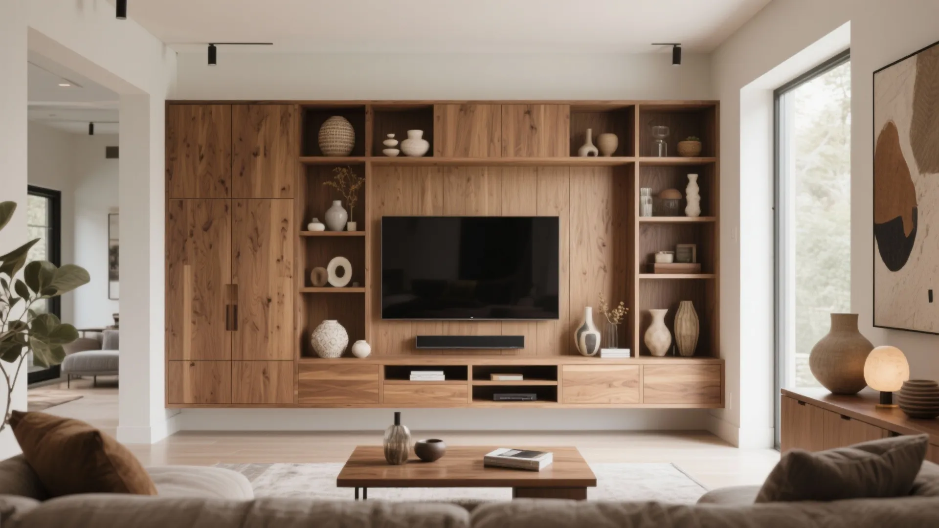 Large wooden wall cabinet with television, decorative vases, open shelves, and low wooden coffee table