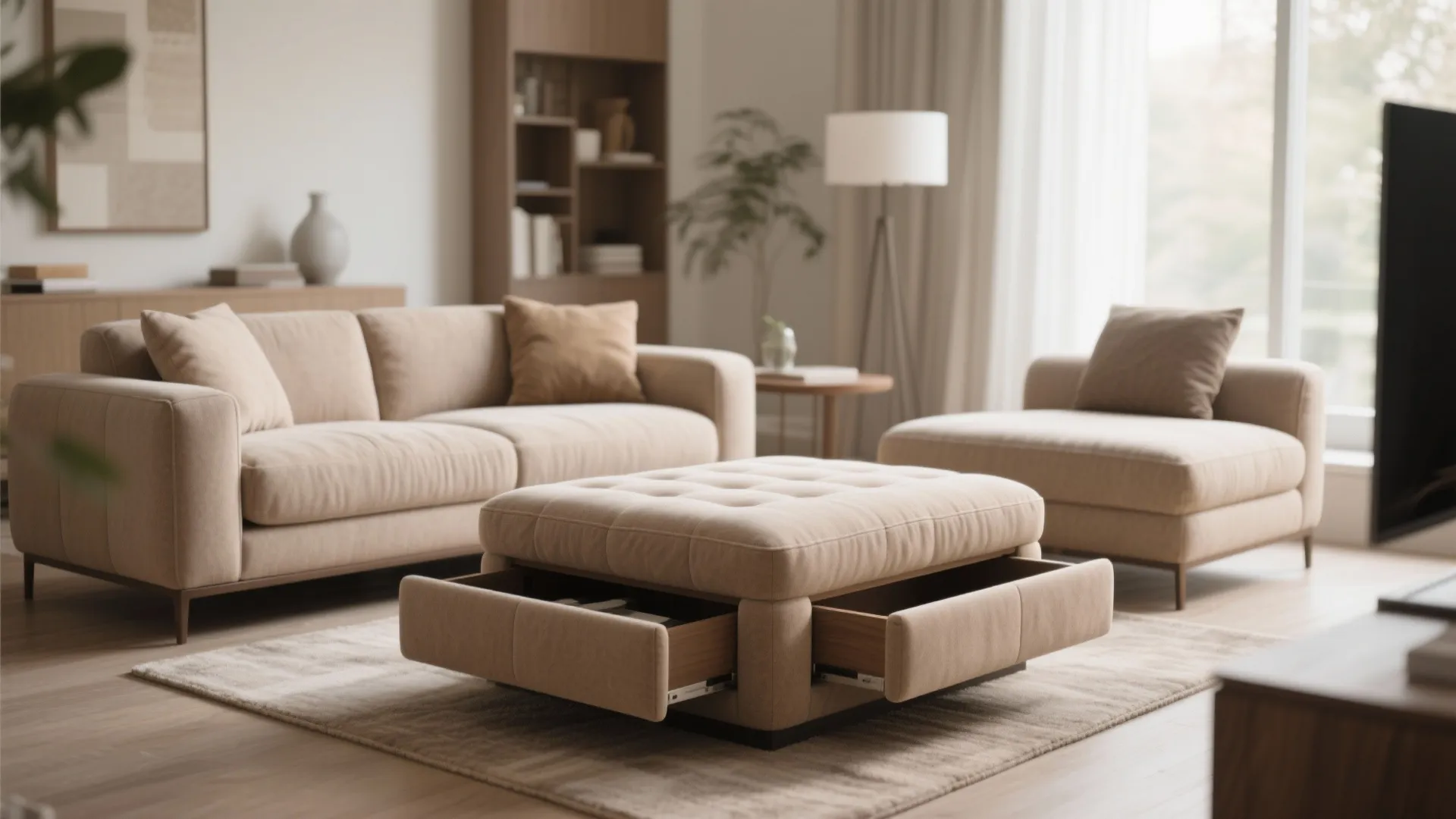 Beige fabric footrest with open storage drawers placed on a rug in a modern room