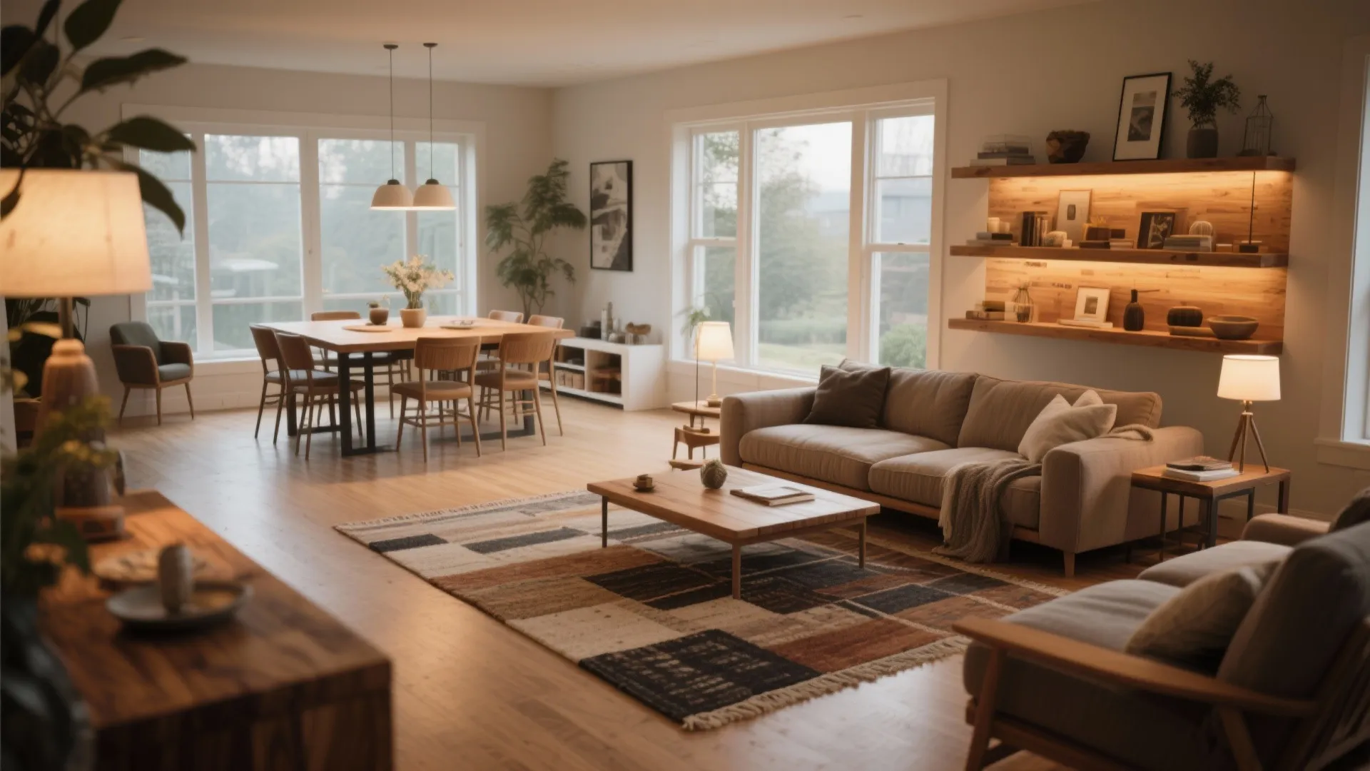 Spacious open living room with grey sofa wooden dining table ceiling lights and large windows