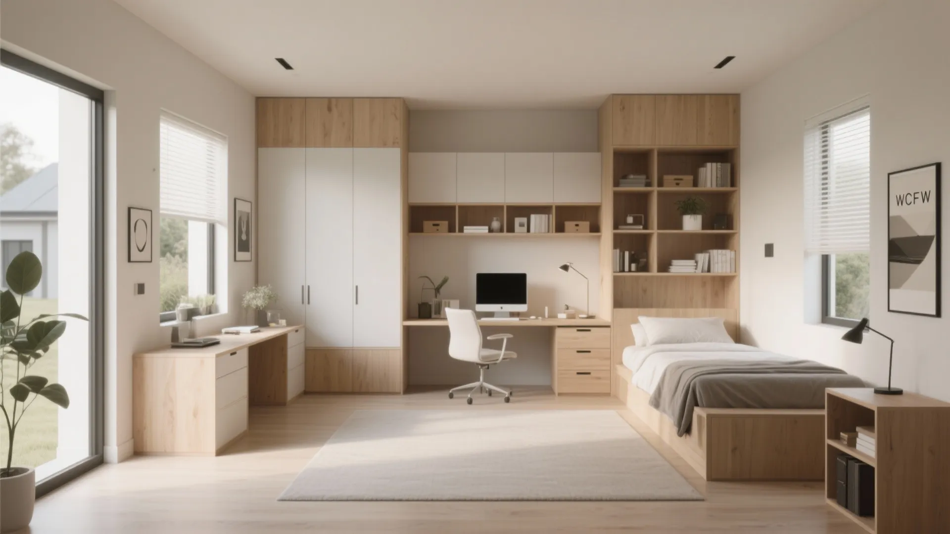 Multi functional room with single bed study desk white cabinet wood shelving and large glass door