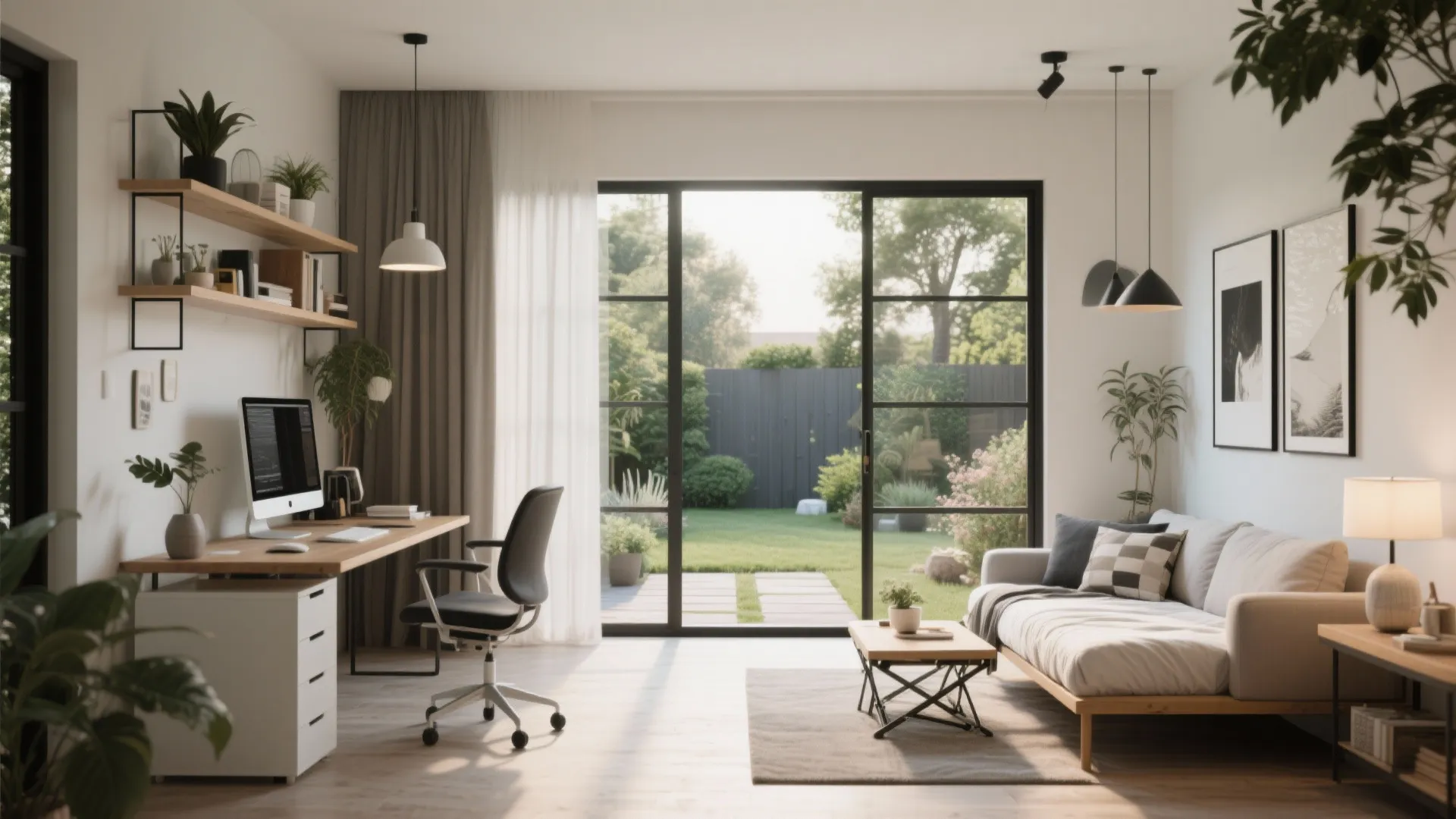 Modern home office and living room with desk sofa large sliding glass doors and garden